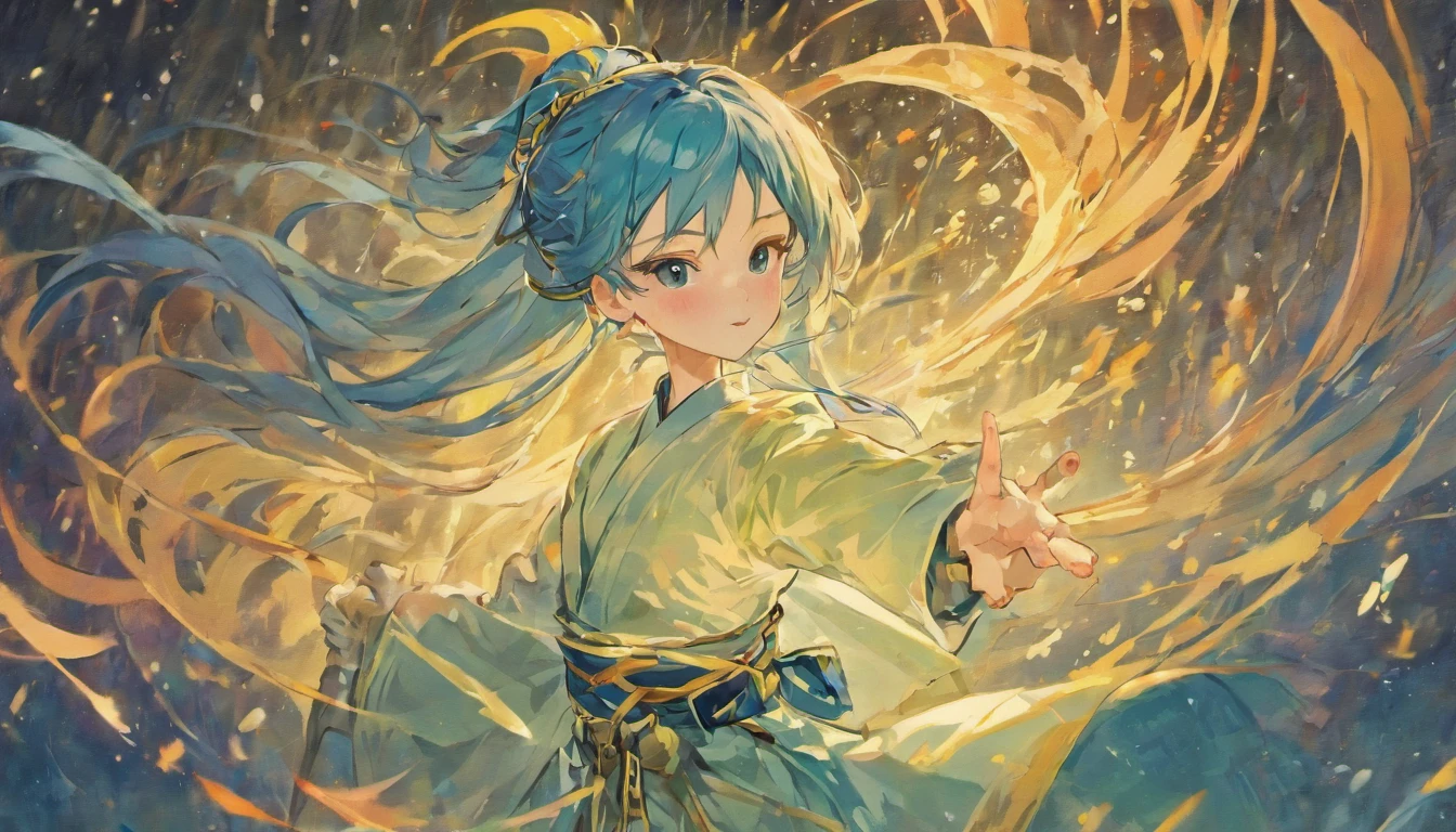 one-girl，Long hair，With a high ponytail，Head down slightly，A joyful expression on his face，He wears a blue-white Hanfu，A blue belt is tied around the waist，