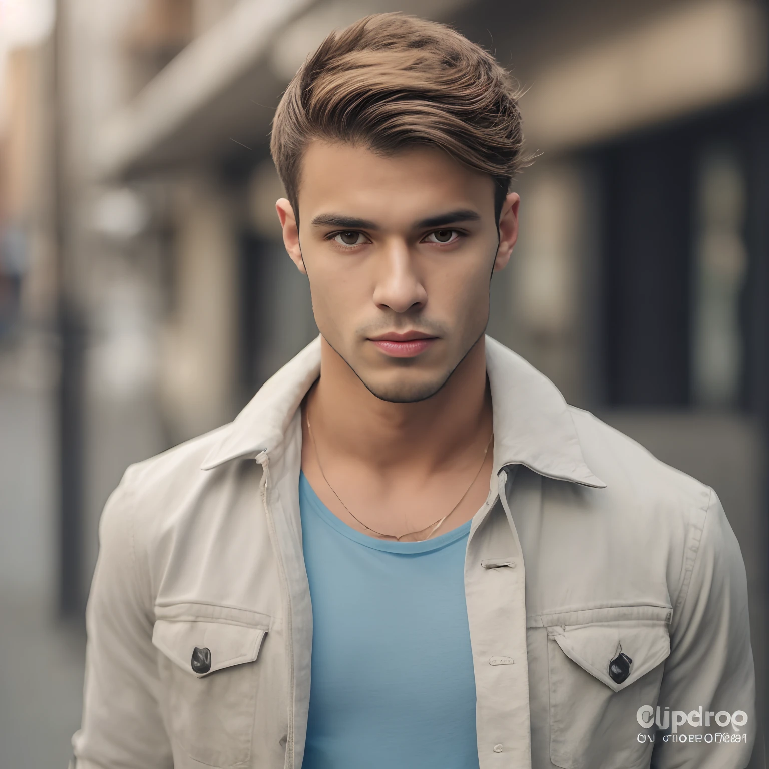 Homem com uma camisa azul e uma jaqueta em uma rua da cidade, homem jovem atraente, bonito rosto atraente, modelo masculino, jovem atraente, jovem bonito, retrato do jovem bonito, short hair on top of his head, rosto bonito perfeito, Macho bonito, macho atraente, Homem magro com pele bronzeada clara, jovem bonito, homem bonito, Rodrigo Guirao 8k