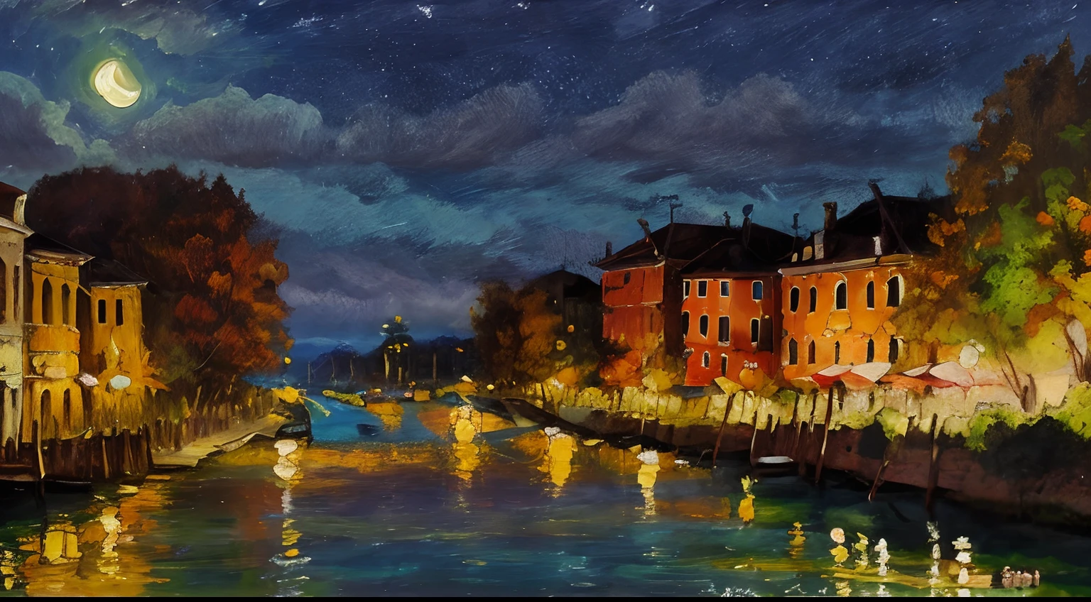 (a painting by mse) blue hour, fall, smooth, aesthetic, beautiful scenery, small european town, english style buildings, venice style town, water canals, trees, boats, bridges, night time.