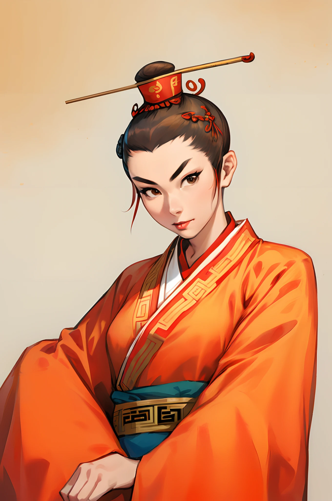 a human female character,taoist:1.4, single hairbun,chinese type, age around 20, small breasted, in a traditional wudang outfit,(single hairbun,topknot,ancient Chinese hairsticks:1.4,ancient Chinese hair ornament:1.3),athletic, 165 cm height, 55 kg weight, brown eyes