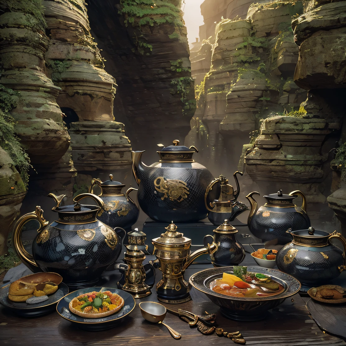 6 macho men,Top image quality,8K,conference site,In the canyon ancient temple,Look at the desktop all,Six male immortals,Black gold python robe crane relief,Gourd tea set,Six dishes and one soup,A masterpiece of telephoto photography,Realisticstyle,hyper photorealism, Cinematic lighting, projected inset,