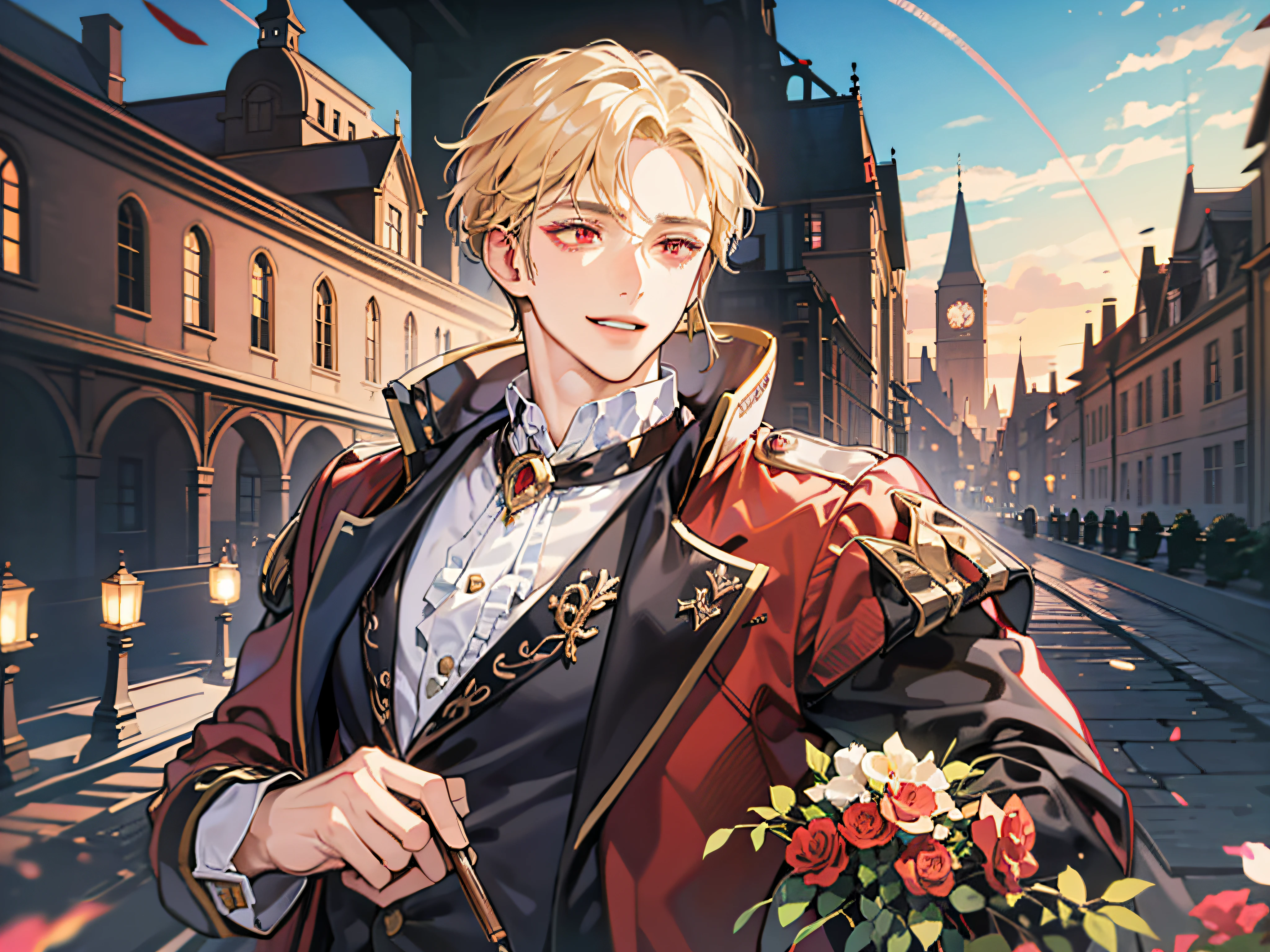(absurderes, hight resolution, ultra-detailliert),(absurderes, hight resolution, ultra-detailliert), 1 male, Adult, Handsome, tall muscular man, broad shoulders, finely detailed eyes and detailed face, a blond, Large Baroque mansion of the 18th century, garden, nobles, nobles, Elegant, neat, Graceful, Sunset, Scenery, Smiling upper body, Attractive, Red Eyes, Vampire Fangs, Red Eyes