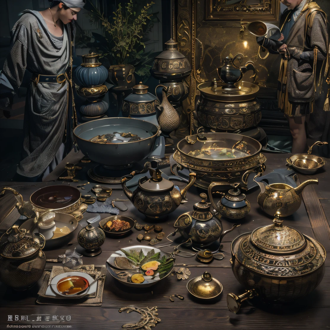 6 macho men，Top image quality，8K,conference site，In the canyon ancient temple，Look at the desktop all，Six male immortals，Black gold python robe crane relief，Gourd tea set，Six dishes and one soup，A masterpiece of telephoto photography，Realisticstyle，hyper photorealism, Cinematic lighting, projected inset,