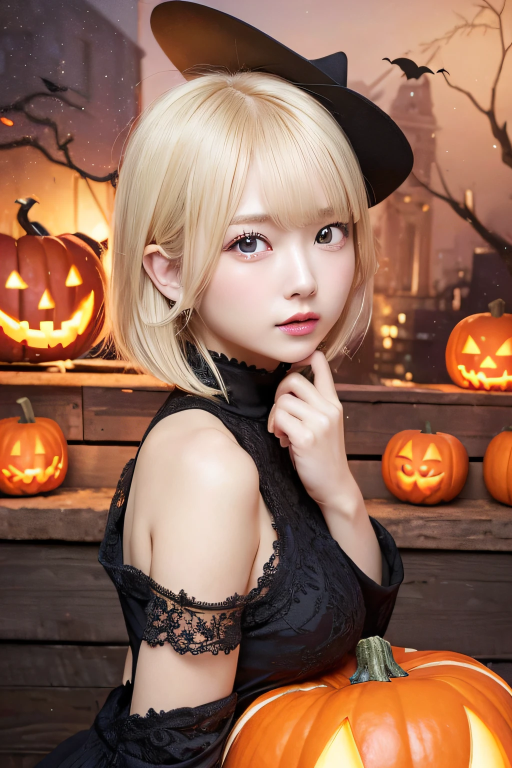 (Oil Painting, masutepiece, Best Quality, ultra-detailliert, Focus on character), short blonde hair, ([Back:0.8]|[ Backward face:1.1]), Serious face,open open mouth,Halloween,pumpkins, ([Cold Scenario:1.2]|[ snowy background:1.3]| [High contrast:1.1])