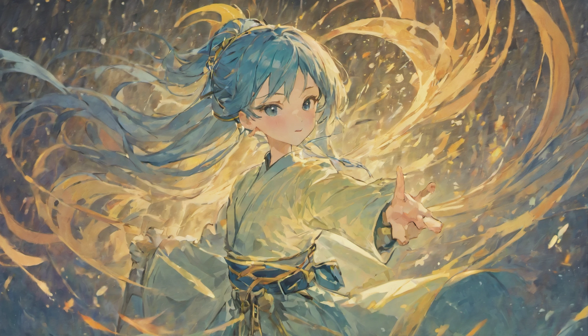 one-girl,Long hair,With a high ponytail,Head down slightly,A joyful expression on his face,He wears a blue-white Hanfu,A blue belt is tied around the waist,