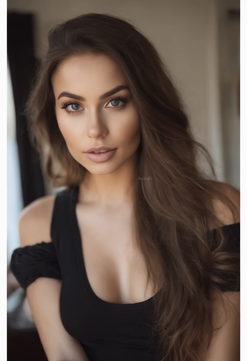 Mulher Arafed com blusa e calcinha combinando, com olhos castanhos, Retrato de Sophie Mudd, cabelos castanhos e olhos grandes, selfie de uma jovem, olhos do quarto, Violeta Myers, sem maquiagem, maquiagem natural, looking directly at the camera, cara com artgram, maquiagem sutil, foto impressionante de corpo inteiro, no quarto, decote