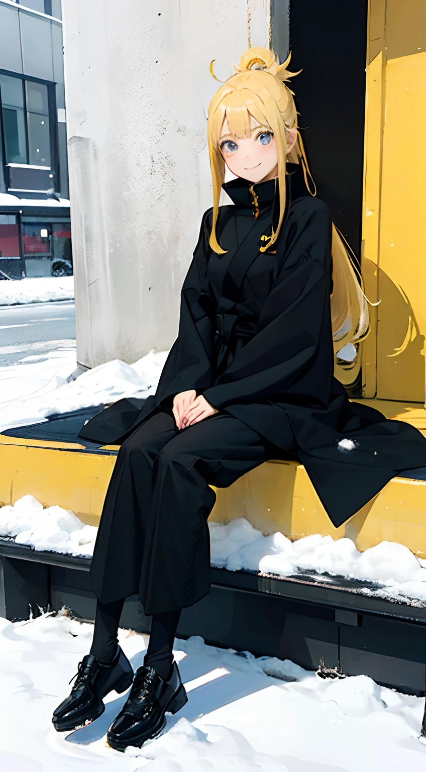 1 sweet smiling girl, Naruto Uzumaki, wearing a long black coat, wearing long black trousers, wearing black shoes, slightly long hair, yellow hair, blue eyes, 70 mm lens