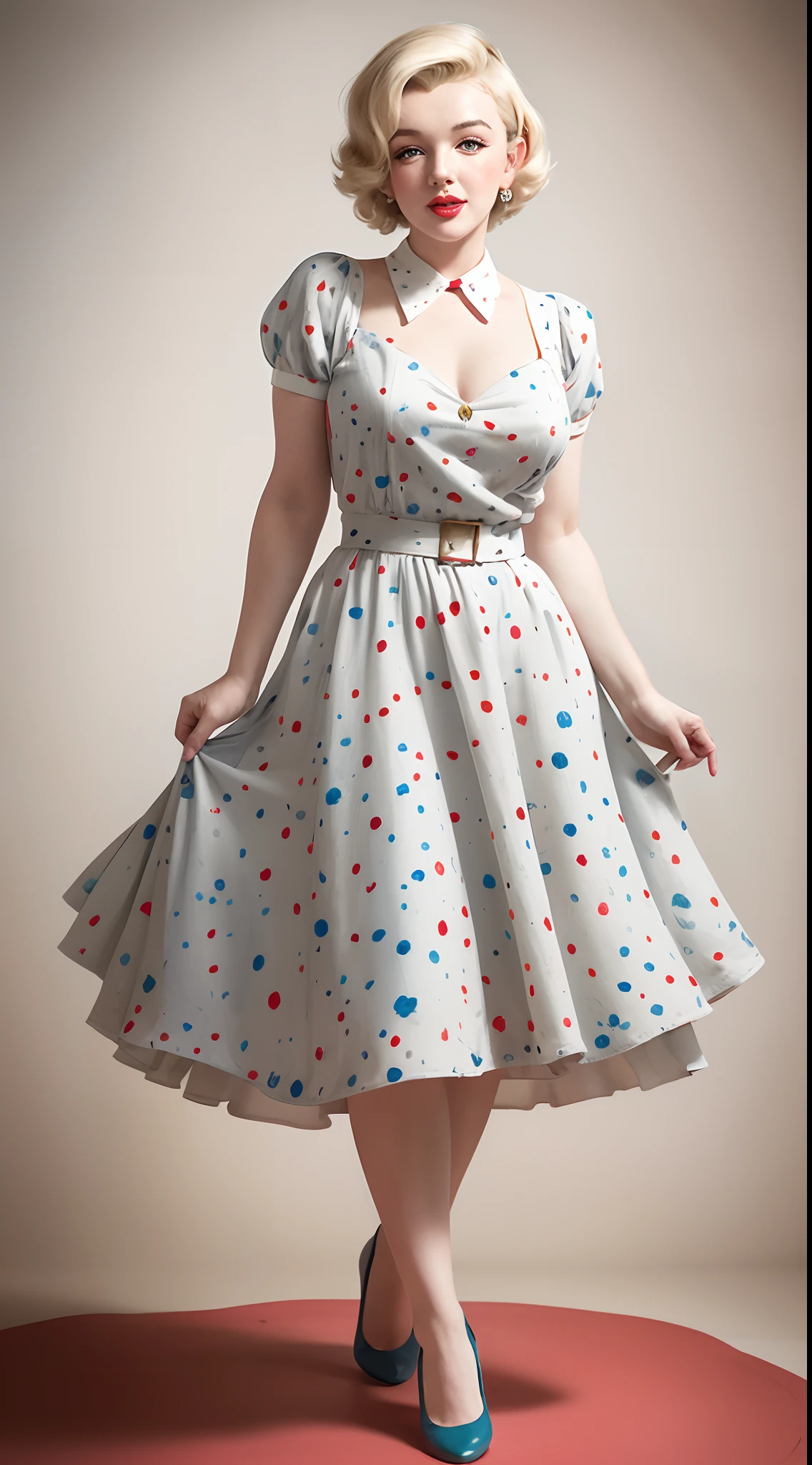 woman in polka dot dress and hat holding red purse, pinup style, rockabilly style, dressed like in the 1940s, by Aneurin Jones, vintage dress, sixties pinup, 50s style, 5 0 s style, ww2 era, in a dress, retro pinup model, pinup pose, 1950s vibes, polka dot