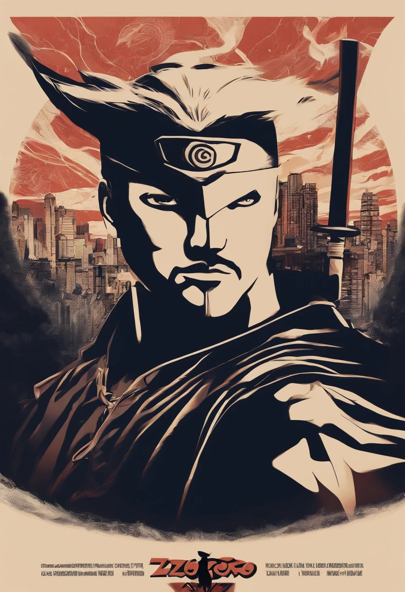 "Create a breathtaking movie poster inspired by Masashi Kishimoto's Naruto, Showing the legendary Zorro in cyberpunk style."