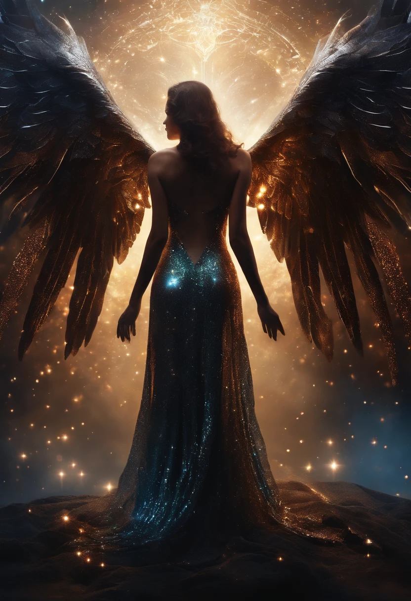 cosmic fallen angel, olhos claros brilhantes, Biomechanicals, estranho, assustador, Pesadelo, cores muito brilhantes, light particles, com luz brilhante, Mshiff, Arte do papel de parede, Papel de parede UHD