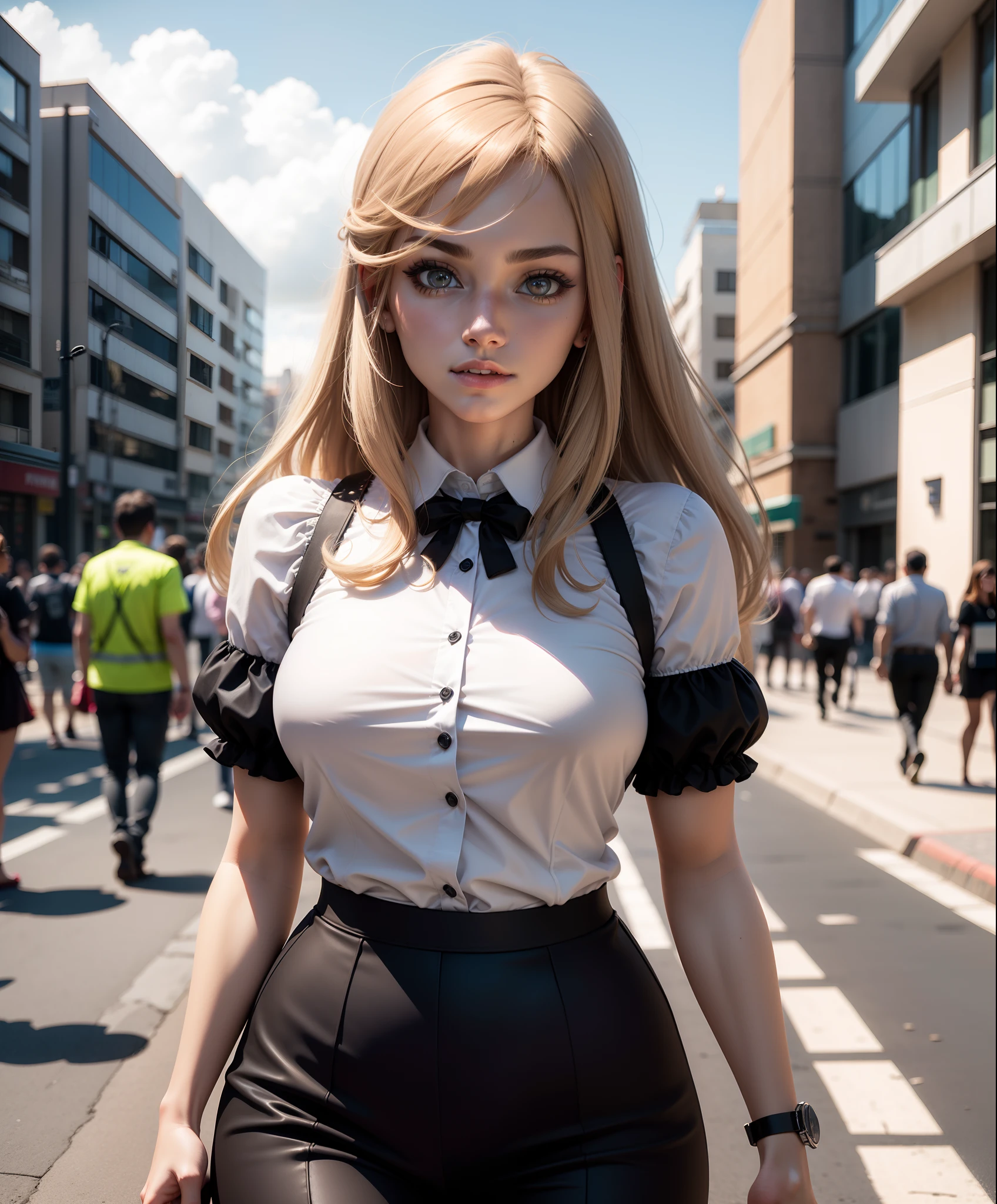 Mujer rubia con cabello largo con ojos marrones con falda negra formal y blusa blanca con mangas cortas caminando en la ciudad de sao paulo Brasil. realista, ..3D, 4k. mejor calidad. mejor imagen.