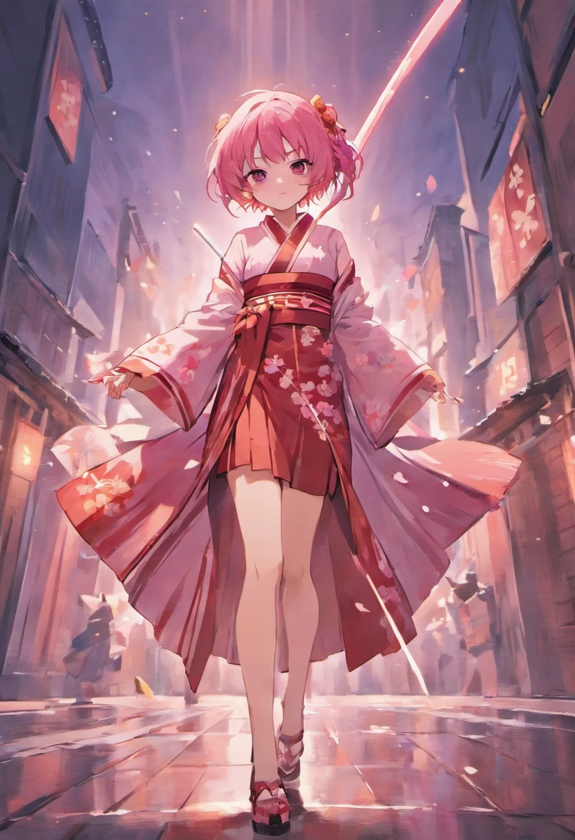 Girl with wolfcut hair and use kimono sakura. Color hair is pink white and she use long katana. Eye color is red and skin color is skinny. Black shoes, tall 160cm. Full body from hair to feet