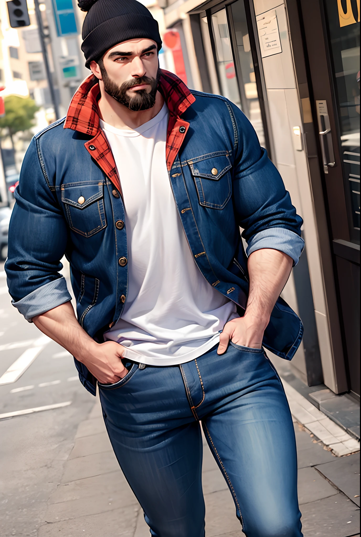 Huge muscular male male, beardes brown jacket, blue jeans, beanie hat, casual style