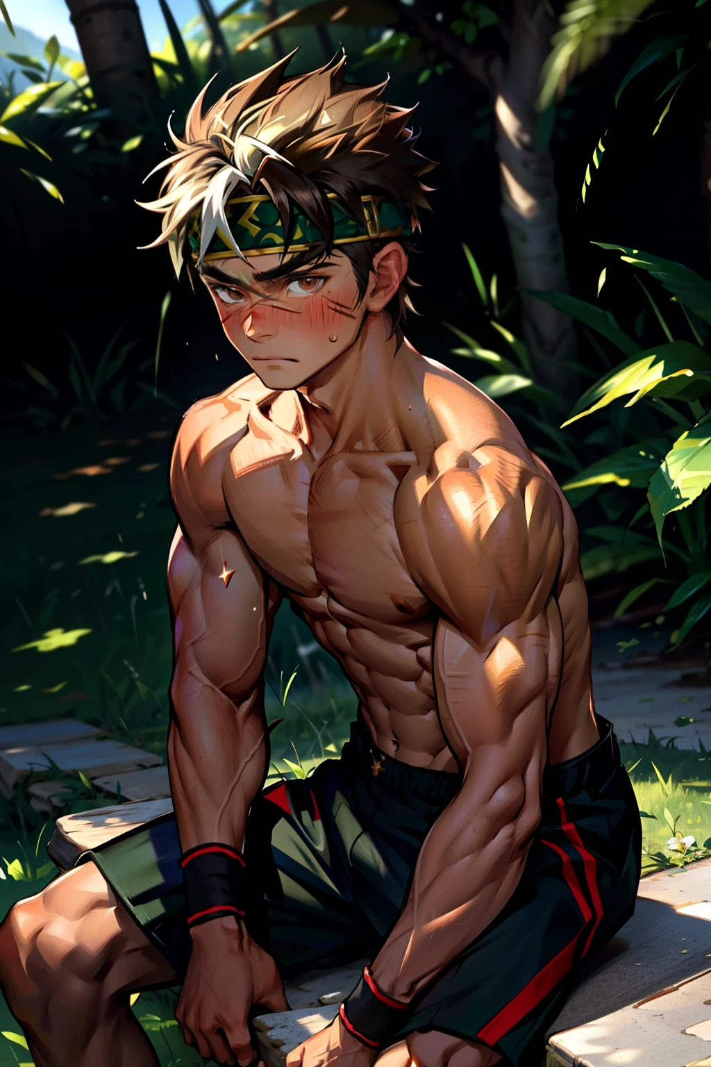 (Masterpiece, Best quality  boy，Shota), 1boys, Young,Muscular, Short hair, with brown eye, Intricate, Grass, full bodyesbian, Shirtless, Muscles sparkle in the sun,Black shorts,  green headband, Vivid colors,(Depth of field:1.2),(Abs),Blush, view the viewer, Sit on grass,