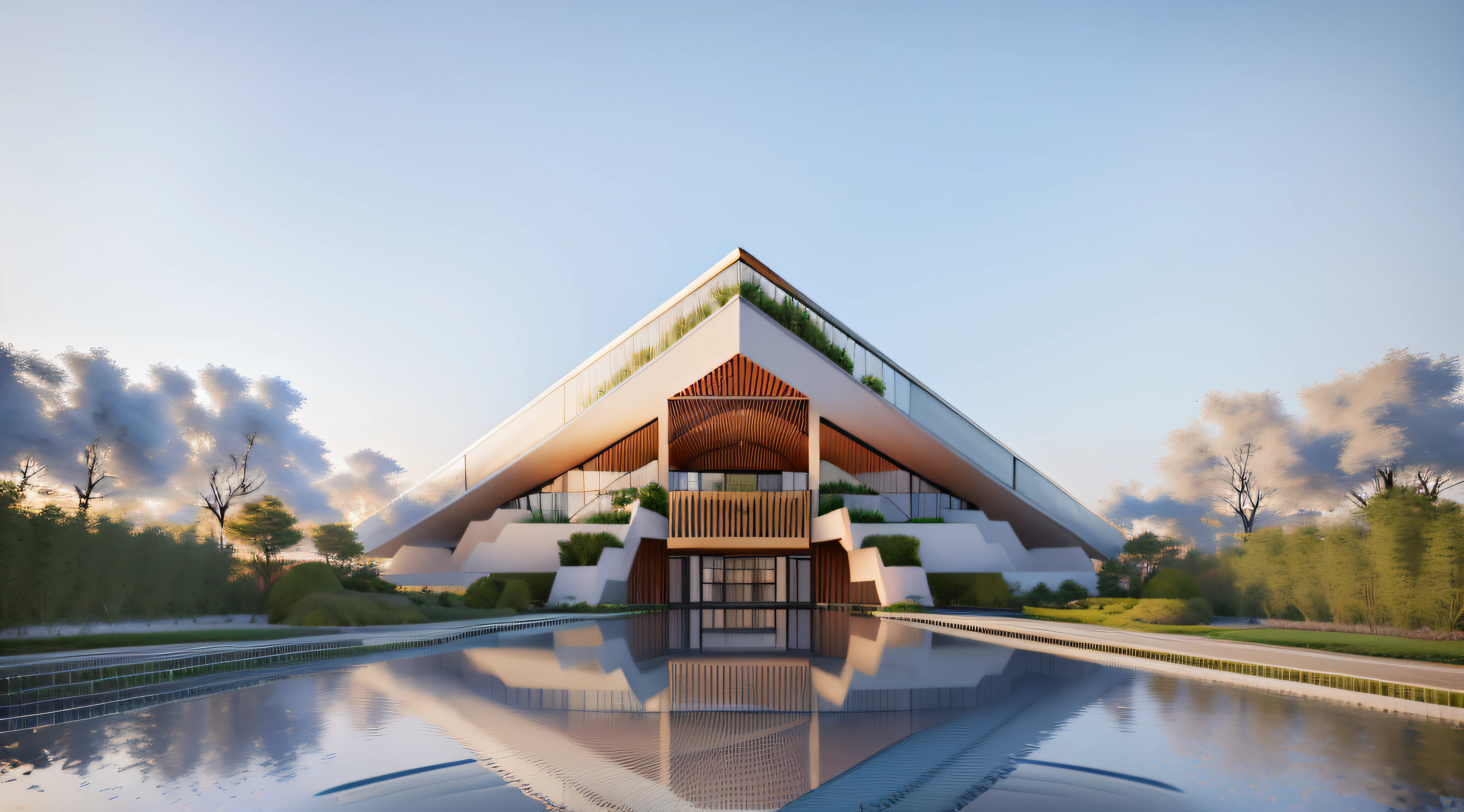 rendering of a meditation building with a pond in front of it, professional render, highly detailed render, high quality rendering, realistic render, architecture render, 3d render