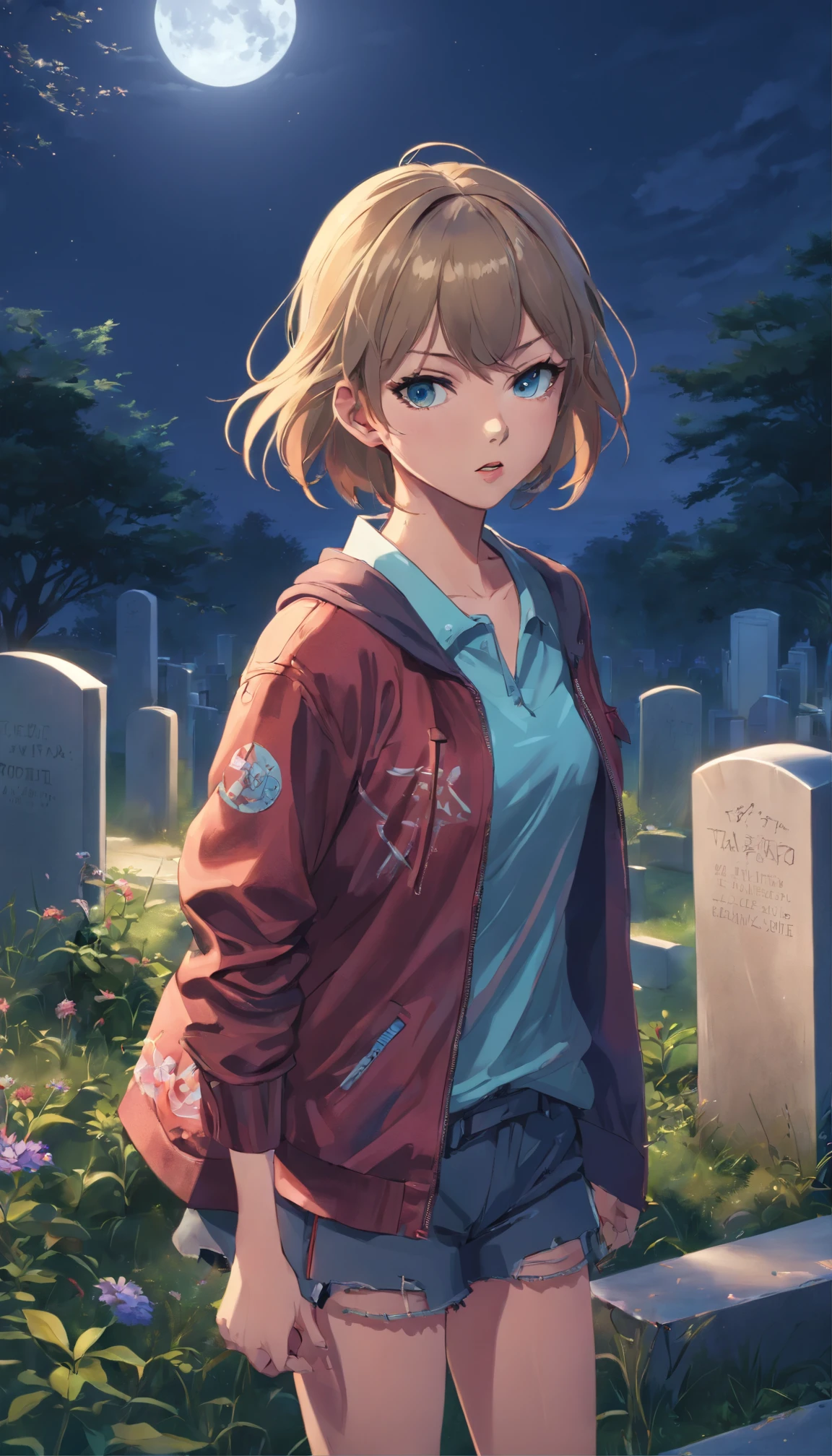 metallic texture, Taylor Swift as a zombie from the walking dead TV show, decomposing face, blood on face, cemetery background, full moon, evening, angry, dynamic pose, realistic, hyperealistic, cinematic, ray tracing, rim lighting, full body shot, 8k, hi quality, masterpiece, HD, octane render