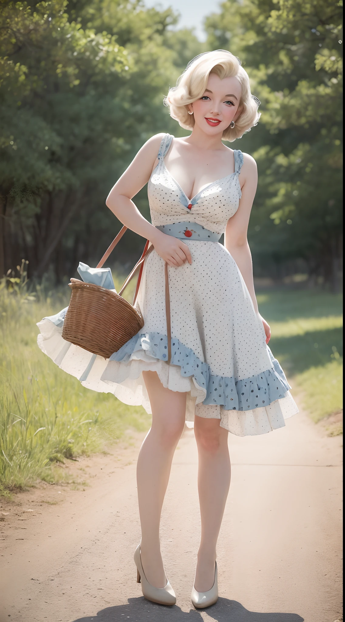 1950s Watercolor, Pen and Ink, 25 yo Marilyn Monroe in retro fashion,full body shot, depiction of rural life, light gray and light brown and red and white and blue, in the style of classical Americana, mottled, playful innocence, dotted, cutout from white background, in the style of Andrew Loomis, masterpiece art work,