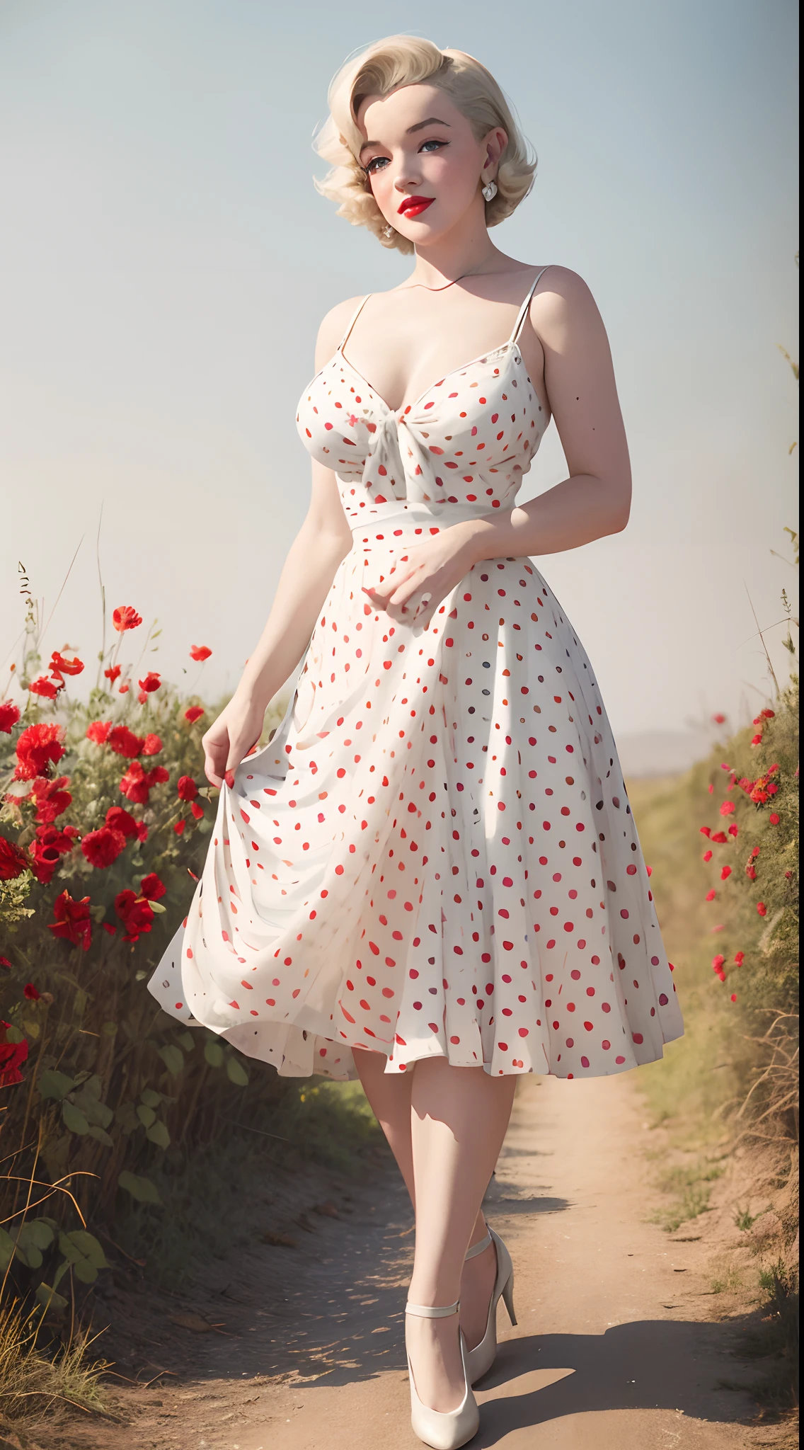 1950s Watercolor, Pen and Ink, 25 yo Marilyn Monroe in retro fashion,full body shot, depiction of rural life, light gray and light brown and red and white and blue, in the style of classical Americana, mottled, playful innocence, dotted, cutout from white background, in the style of Andrew Loomis, masterpiece art work,
