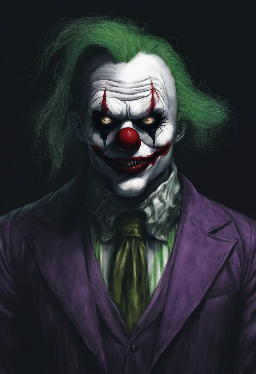 A sketch drawing of character scary clown with green hair and purple suit , hyper-realistic, artistic, dark