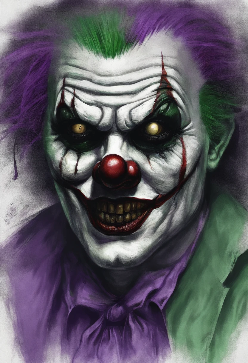 A sketch drawing of character scary clown with green hair and purple suit , hyper-realistic, artistic, dark