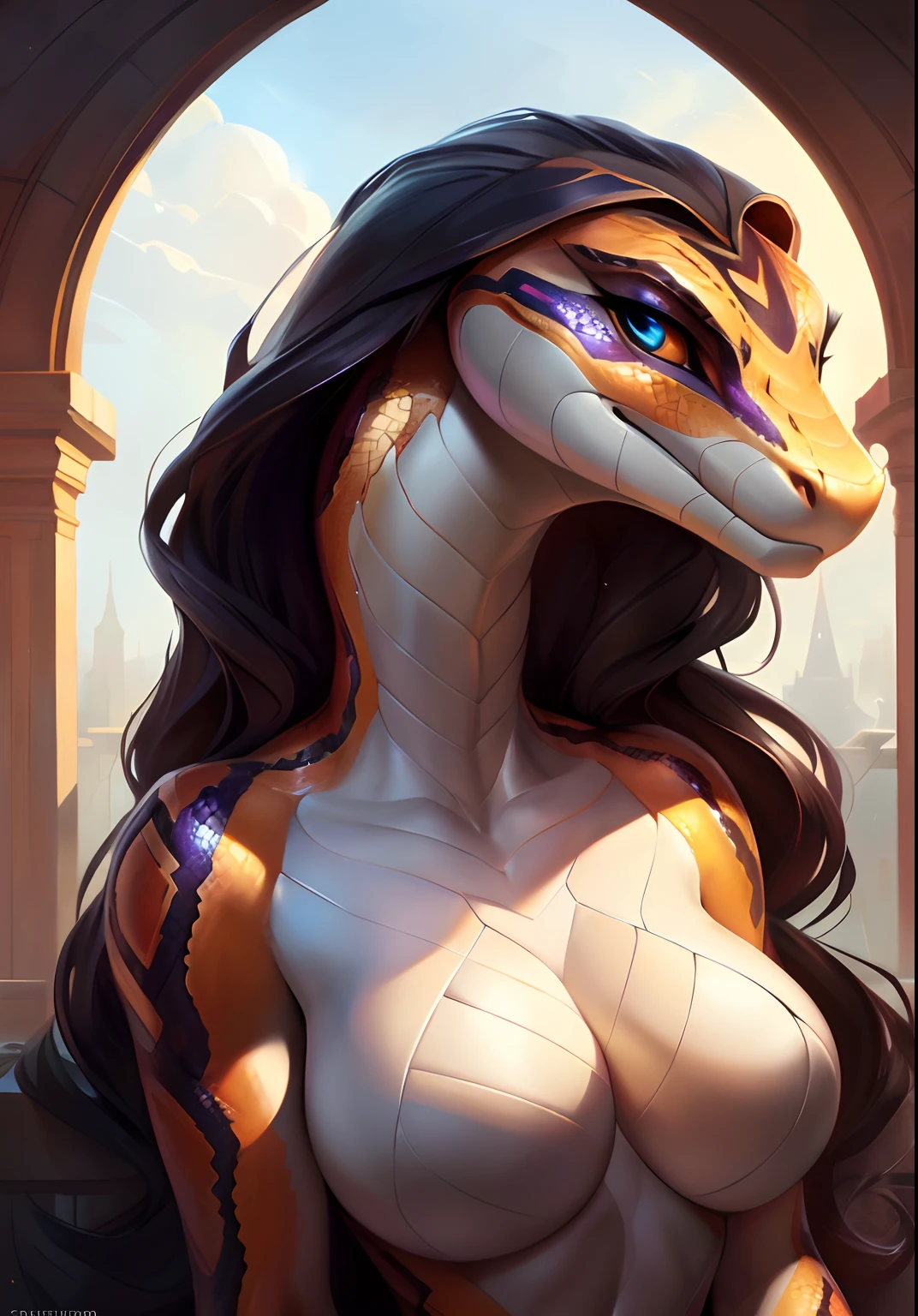 Uploaded on e621, by Pixelsketcher, by Bayard Wu, by Thomas Benjamin Kennington , by Einshelm, solo anthro, ((face portrait)), BREAK, shake hissing, sweet look, (detailed Bonifasko lighting), (detailed scales), (detailed skin), (orange snake, orange snake, orange snake), (extremely long neck), (her own hands holding her own face), BREAK, ((snake hissing)), ((SFW)), ((long thick colorful tail)), ((wavy black hair)), ((facing viewer)), (cinematic lighting), ((detailed background)), ((face portrait view)), (((face view))), (half body shadow), [backlighting], [crepuscular ray], [detailed ambient light], [gray natural lighting], [ambient light], (higher wildlife feral detail), [explict content], [sharp focus], (questionable content), (shaded), ((masterpiece), hissing, her own hands holding her own face, wavy hair, medium scales breasts, breasts, furry colorful snake, snake face, furry Fantasy Art, furry Art, Commission for High Res, anthro Art, Art,Sakimichan beautiful, masterpiece, medium breasts, best quality, detailed image, bright colors, detailed face, perfect lighting, perfect shadows, perfect eyes, girl focus, snake eyes, flawless face, big breasts, extremely long neck, face focus, ((long thick colorful tail)) snake, snake girl, scales, scales woman, snake nose, large long muzzle, wavy black hair, colorful scales, gaze at the viewer, half-closed eyes, 1girl, solo, (masterpiece), (best quality), (illustration), (cinematic lighting), long hair, detailed scales, balanced coloring, global illumination, ray tracing, good lighting, scales, anthro, showing breasts, cleavage, looking at viewer, seductive look, SFW