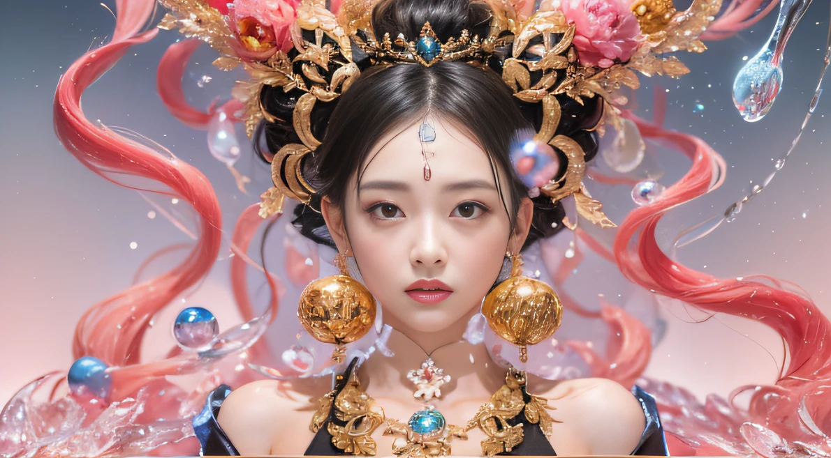 32K（tmasterpiece，k hd，hyper HD，32K）Curly hair with a ball tip，Flowing bubbles，ponds，zydink， a color， Asian people （water sphere）， （Colorful bubbles）， Combat posture， looking at the ground， Large rolls of rouge bubbles， Flowing rouge curls，Crystal tiara， Chinese long-sleeved black gold garment， Water Goddess（Abstract water splash：1.2）， Pink peony flower background，Buble（realisticlying：1.4），Rouge hair，The day is in full swing，The background is pure， A high resolution， the detail， RAW photogr， Sharp Re， Nikon D850 Film Stock Photo by Jefferies Lee 4 Kodak Portra 400 Camera F1.6 shots, Rich colors, ultra-realistic vivid textures, Dramatic lighting, Unreal Engine Art Station Trend, cinestir 800，Large roll bubbles，Flowing bubbles，Colored bubbles that refract light