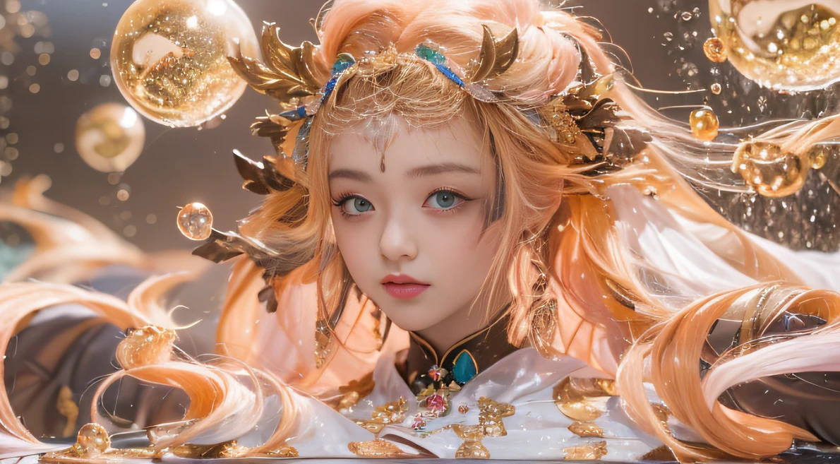 cyan colors,Cobalt Blue Diamond World,Blood Girl 32K(tmasterpiece,k hd,Aoyama Pond,hyper HD,32K)Long flowing bright yellow hair,blood pond,zydink, a color,Well-behaved (Post-halo), (Linen scarf), Combat posture, looking at the ground, long whitr hair, Floating bright orange, Fire cloud pattern gold tiara, Chinese long-sleeved gold silk burgundy garment, (Abstract metaverse splash:1.2), white backgrounid,Peony flower vitality protector(realisticlying:1.4),shiny yellow,Smoke on the road,The background is pure, A high resolution, the detail, RAW photogr, Sharp Re, Nikon D850 Film Stock Photo by Jefferies Lee 4 Kodak Portra 400 Camera F1.6 shots, Rich colors, ultra-realistic vivid textures, Dramatic lighting, Unreal Engine Art Station Trend, cinestir 800,A girl with long flowing bright yellow hair,Huge colorful bubbles