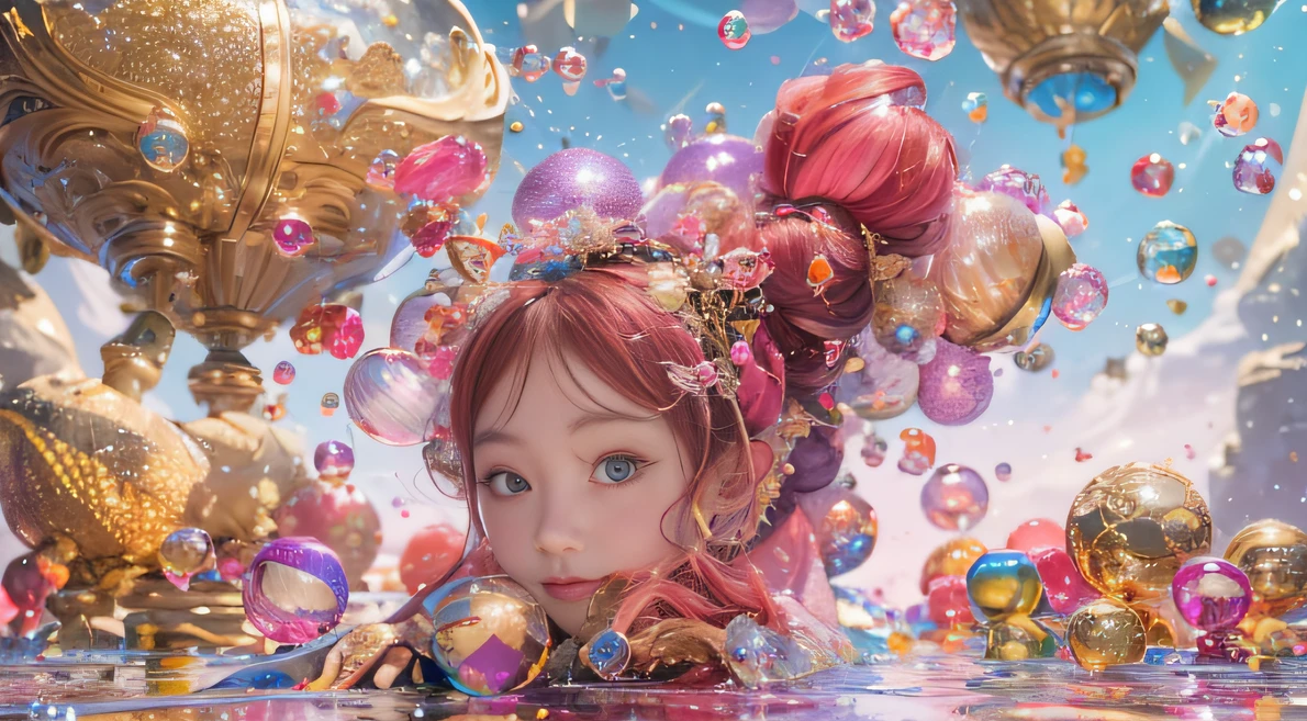 32K（tmasterpiece，k hd，hyper HD，32K）Curly hair with a ball tip，Flowing bubbles，ponds，zydink， a color， Asian people （water sphere）， （Colorful bubbles）， Combat posture， looking at the ground， Large rolls of rouge bubbles， Flowing rouge curls，Crystal tiara， Chinese long-sleeved black gold garment， Water Goddess（Abstract water splash：1.2）， Pink peony flower background，Buble（realisticlying：1.4），Rouge hair，The day is in full swing，The background is pure， A high resolution， the detail， RAW photogr， Sharp Re， Nikon D850 Film Stock Photo by Jefferies Lee 4 Kodak Portra 400 Camera F1.6 shots, Rich colors, ultra-realistic vivid textures, Dramatic lighting, Unreal Engine Art Station Trend, cinestir 800，Large roll bubbles，Flowing bubbles，Colored bubbles that refract light