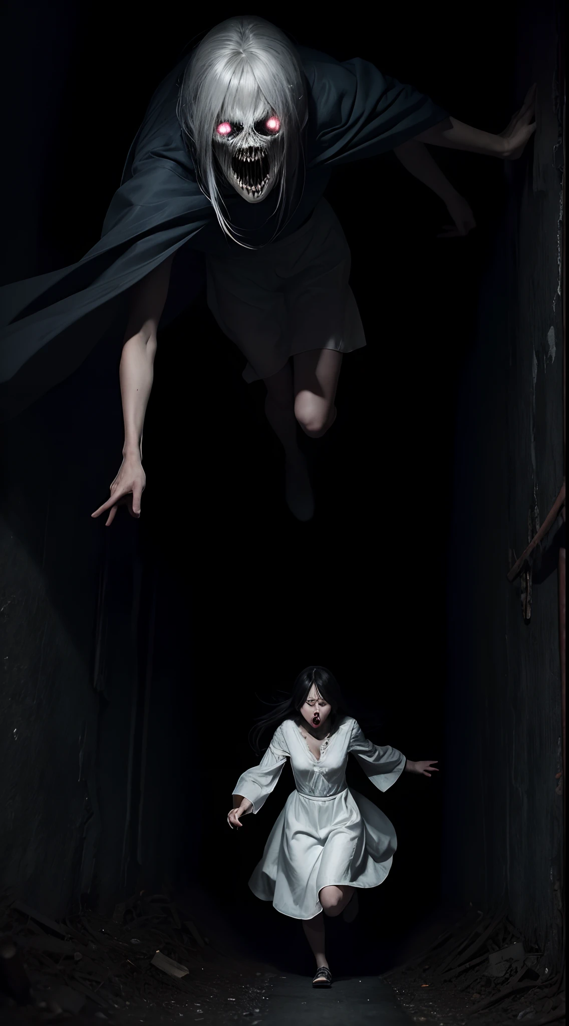 horror art, dread, Best quality, masterpiece, ultra high res, (photorealistic:1.4), Action shot of terrifying ghost chasing after the viewer, dynamic running, in a decrepit underground tunnel in Hell, creepy, white dress, unnerving, unsettling, terrifying, 80mm, horror lighting, dynamic action, Sadako