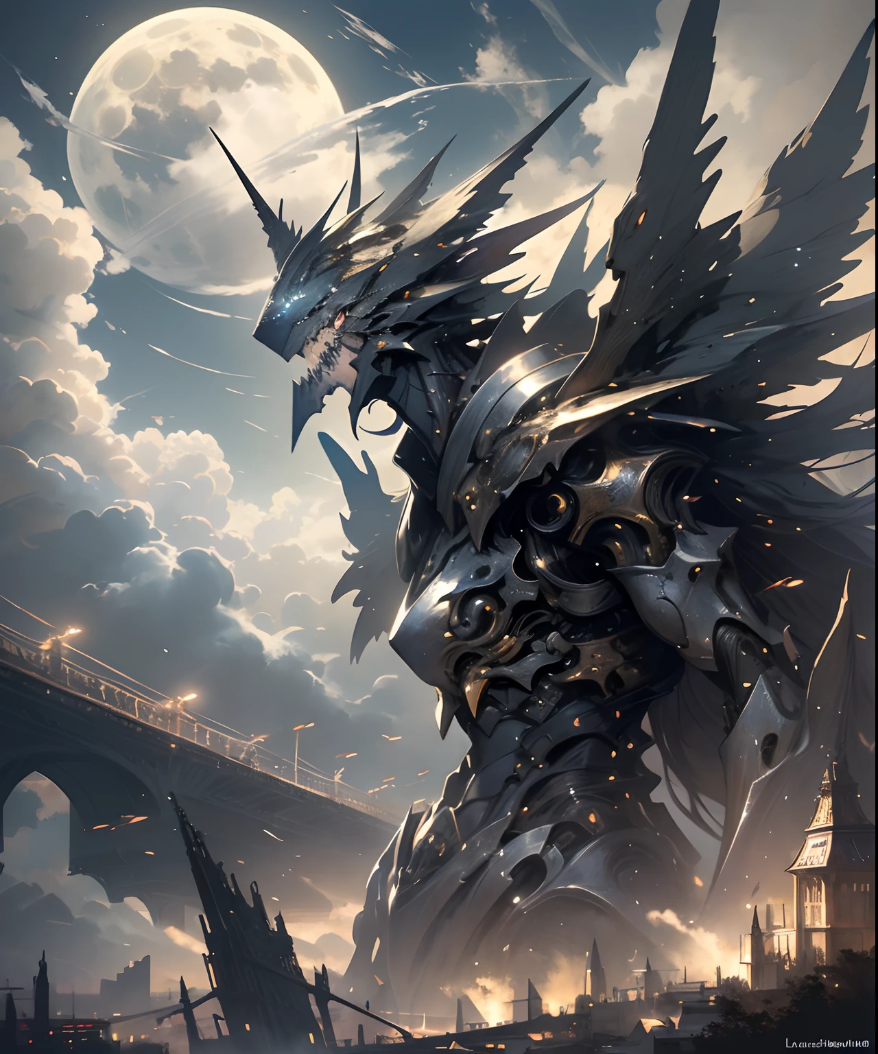 ((best quality)), ((masterpiece)), (detailed), giant mecha, horror beauty, perched on a cloud, (fantasy illustration:1.3), enchanting gaze, otherworldly charm, mystical sky, (Luis Royo:1.2), (Yoshitaka Amano:1.1), moonlit night, soft colors, (detailed cloudscape:1.3), (high-resolution:1.2)