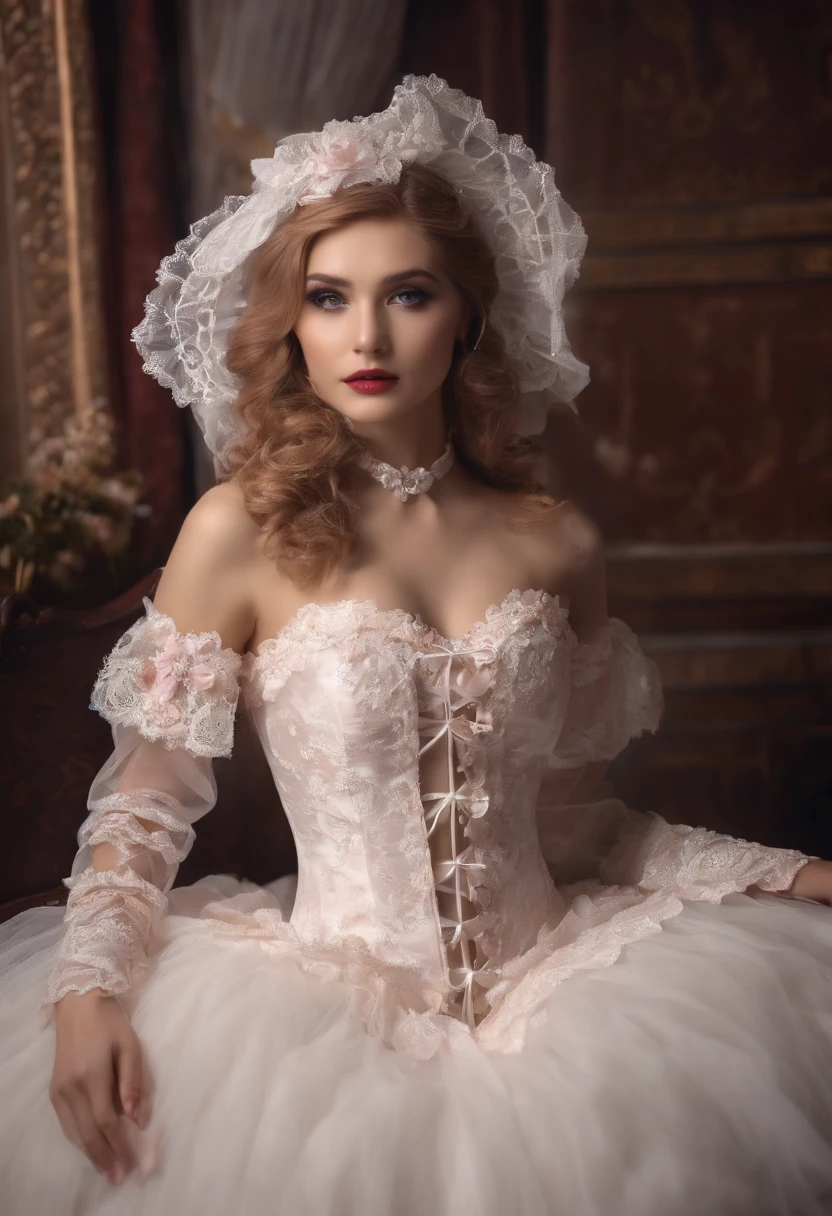 (Lingerie:1.3),victorian gothic lolita fashion, Lolita style,lolita fashion, wedding gown，One-piece,pettycoat,Open your legs, (A detailed description of the garment), Cold, White skin, (Detailed description of blush), 1080p,8k wallpaper、Right in front of me，sit on a bed，Tear open the chest，spreads her legs apart，Expose the lower body，The genitals，Bare ass ，