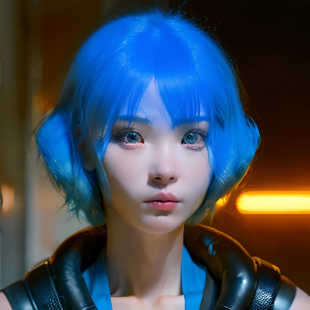 Illustration for a cyberpunk film about a blue-haired girl, faced with the apocalypse. The appearance of the girl: Asian appearance, Athletic and lean physique, scar, crossing the eyebrow and eye, Bob haircut, Blue hair, Green eyes, piercing of the lower lip and tongue, Lots of tattoos. The black mutant cat always runs after her and watches her closely, helping her survive in the world of the apocalypse.Cinematic, hyper-detailing, real-photo, random angle, Rich color, detailed texture