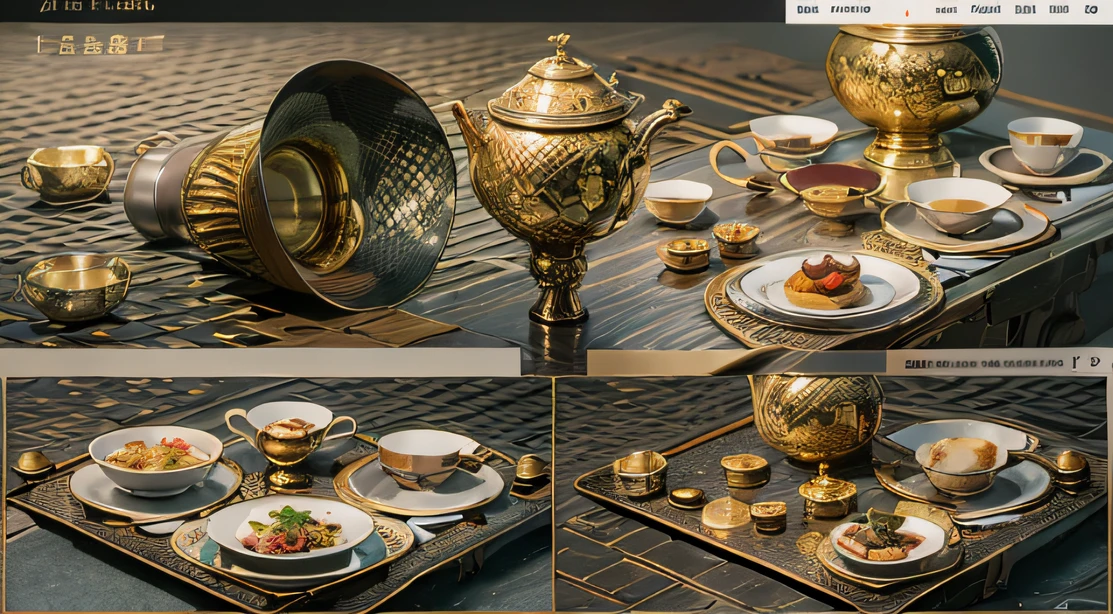 6 manly men,Top image quality,8K,conference site,In the canyon ancient temple,View desktops all,Six male immortals,Black gold python robe crane relief,Gourd tea set,Six dishes and one soup,A masterpiece of telephoto photography,Realisticstyle,hyper photorealism, Cinematic lighting, projected inset,