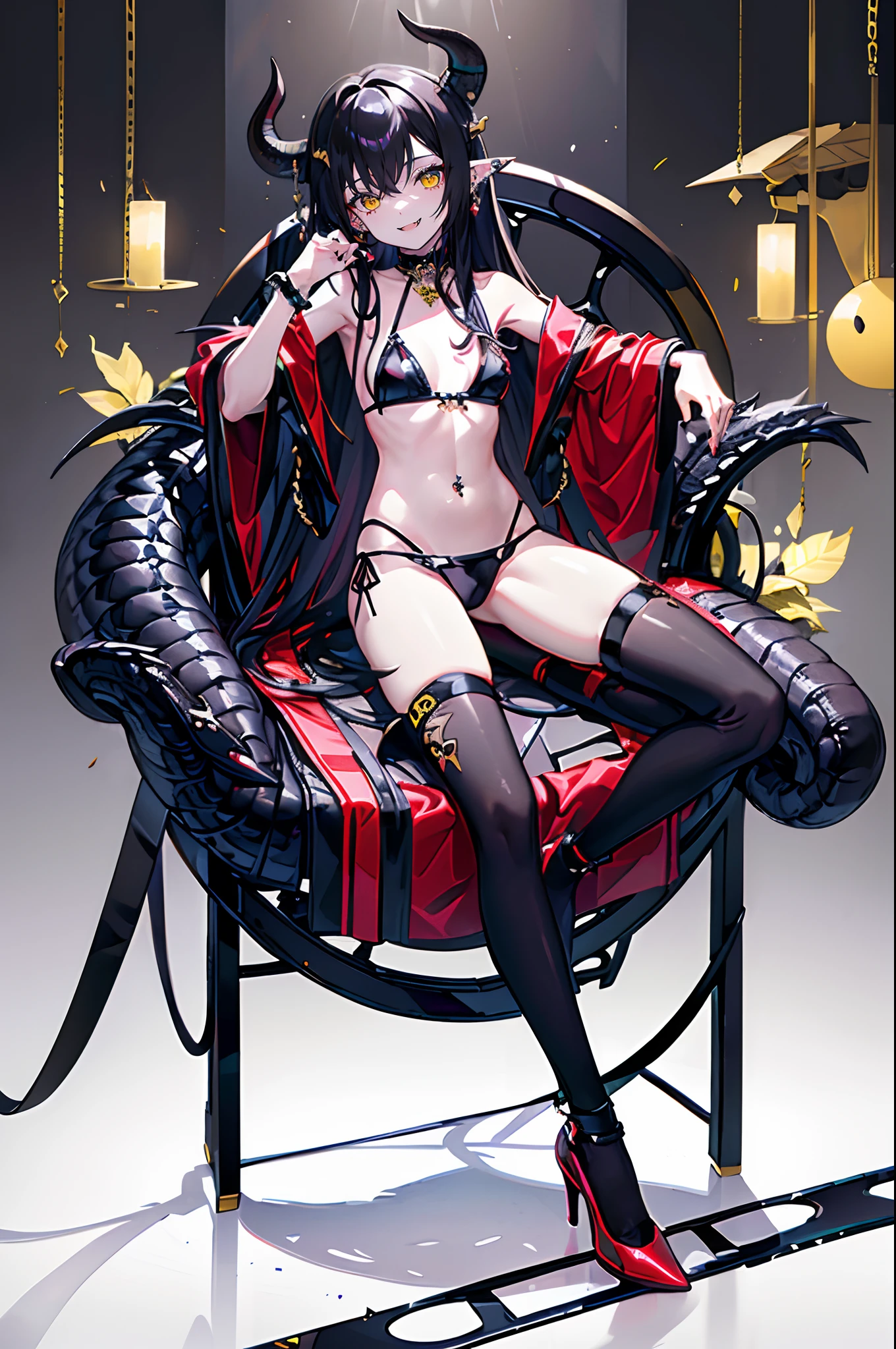 ((8K、high-level image quality、masuter piece))1 girl、length hair、A dark-haired、Twin-tailed、Dragon's horn、Yellow eyes、Fangs are visible、long ears、piercings、tiny chest、Black Bikini、Leather shoes、Sit in a plush chair、Fold your legs、macabre smile