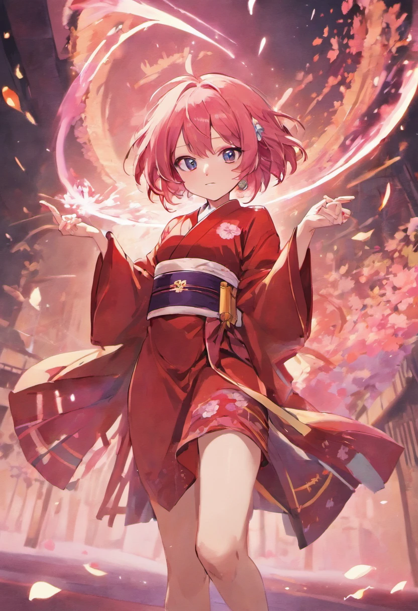 Girl with wolfcut hair and use kimono sakura. Color hair is pink white and she use katana sword. Eye color is red and skin color is skinny. Black shoes, tall 160cm. Full body from hair to feet