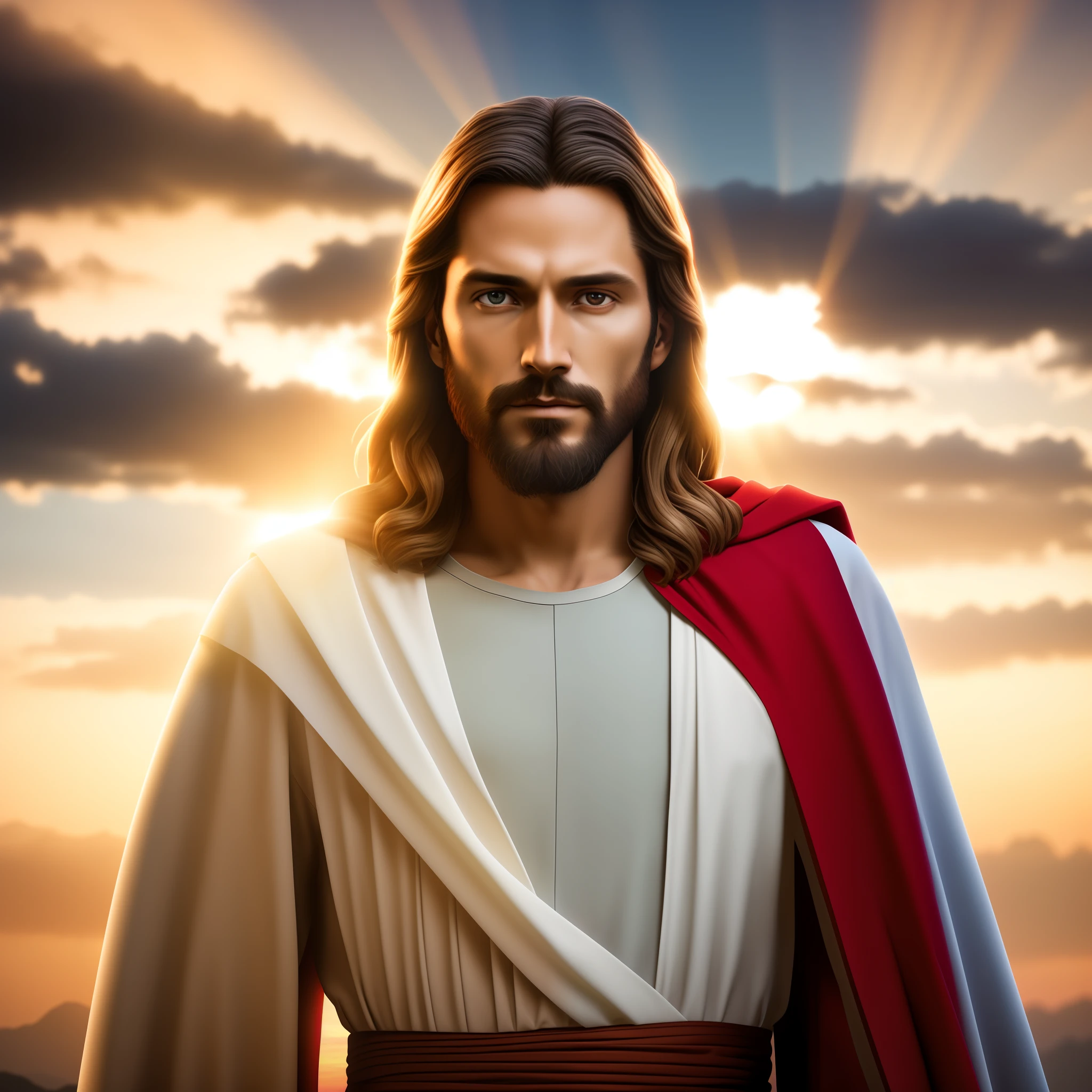 jesus is standing in front of a sunset with a red cape, portrait of jesus christ, jesus christ, dressed like jesus christ, bright light masterpiece, jesus, jesus of nazareth, jesus christ in mass effect, greg olsen, the lord and savior, jesus face, holy sacred light rays, tron legacy jesus christ, young almighty god, glowing god rays