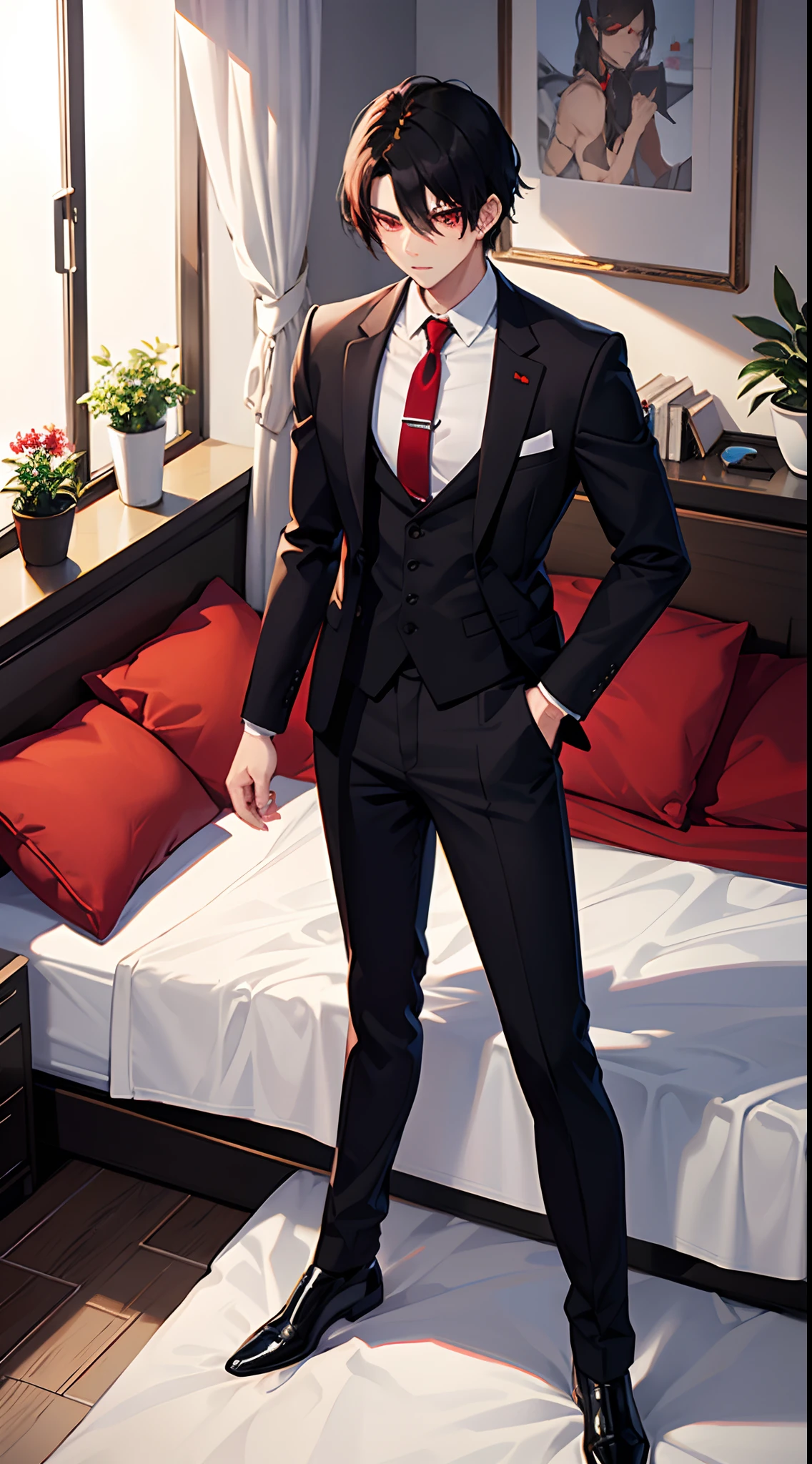 Red eyes black hair with suit on bed muscular boy