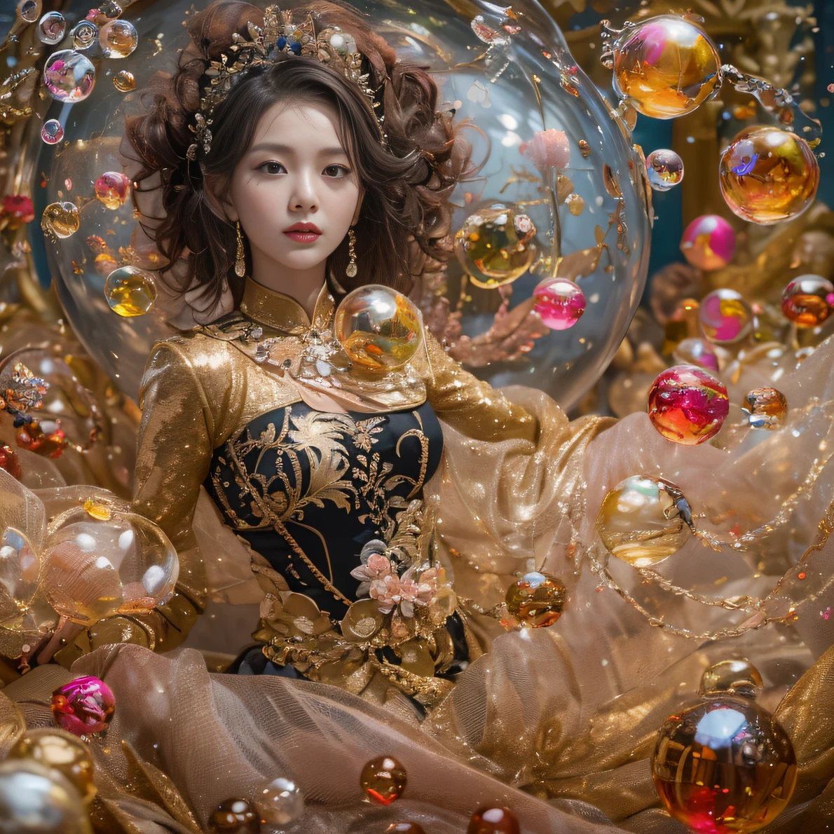 32K(tmasterpiece,k hd,hyper HD,32K)Curly hair with a ball tip,Flowing bubbles,ponds,zydink, a color, Asian people (water sphere), (Colorful bubbles), Combat posture, looking at the ground, Large rolls of rouge bubbles, Flowing rouge curls,Crystal tiara, Chinese long-sleeved black gold garment, Water Goddess(Abstract water splash:1.2), Pink peony flower background,Buble(realisticlying:1.4),Rouge hair,The day is in full swing,The background is pure, A high resolution, the detail, RAW photogr, Sharp Re, Nikon D850 Film Stock Photo by Jefferies Lee 4 Kodak Portra 400 Camera F1.6 shots, Rich colors, ultra-realistic vivid textures, Dramatic lighting, Unreal Engine Art Station Trend, cinestir 800,Large roll bubbles,Flowing bubbles,Colored bubbles that refract light