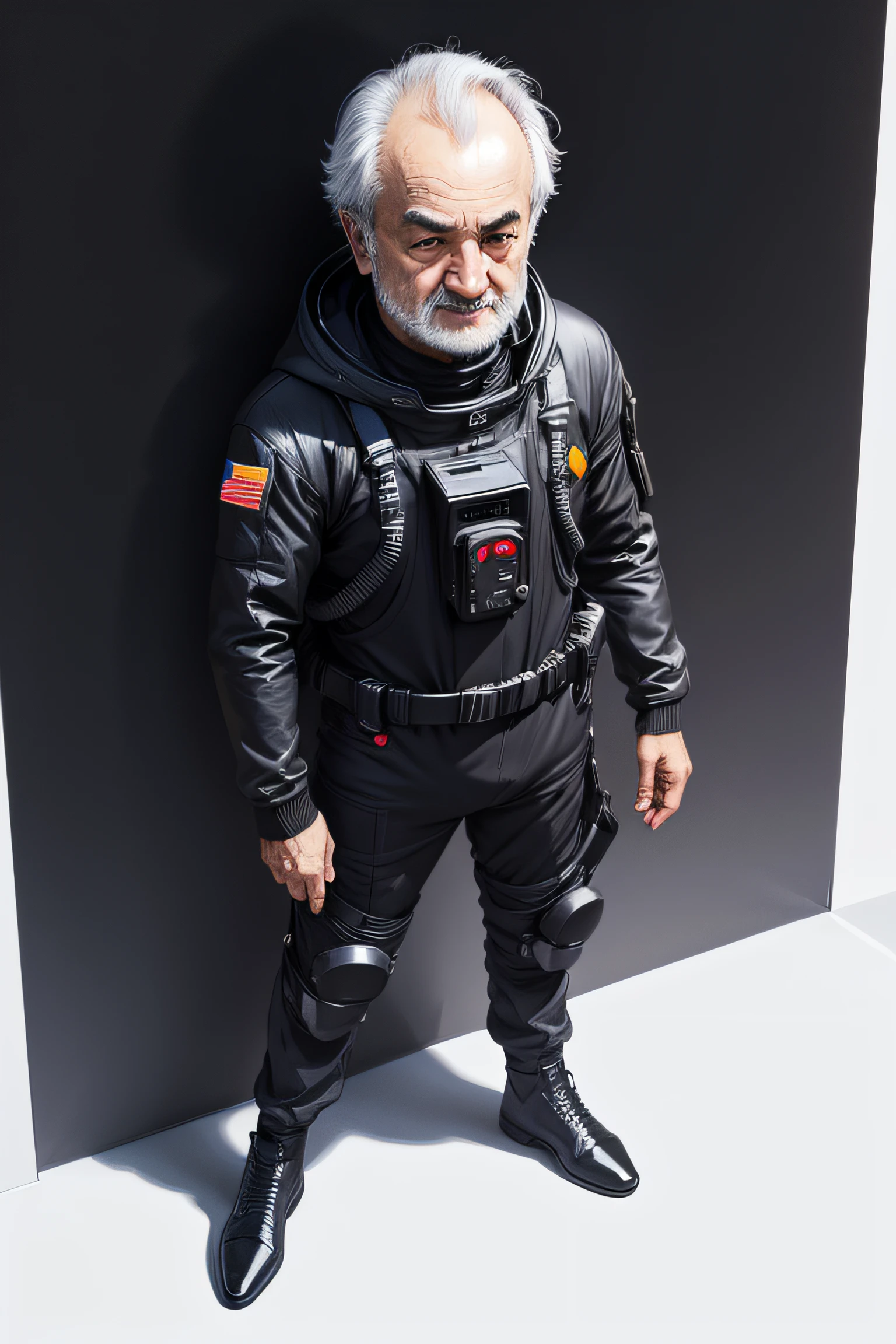 Jacques Attali dressed in a black spacesuit drawn in a flat 2D style