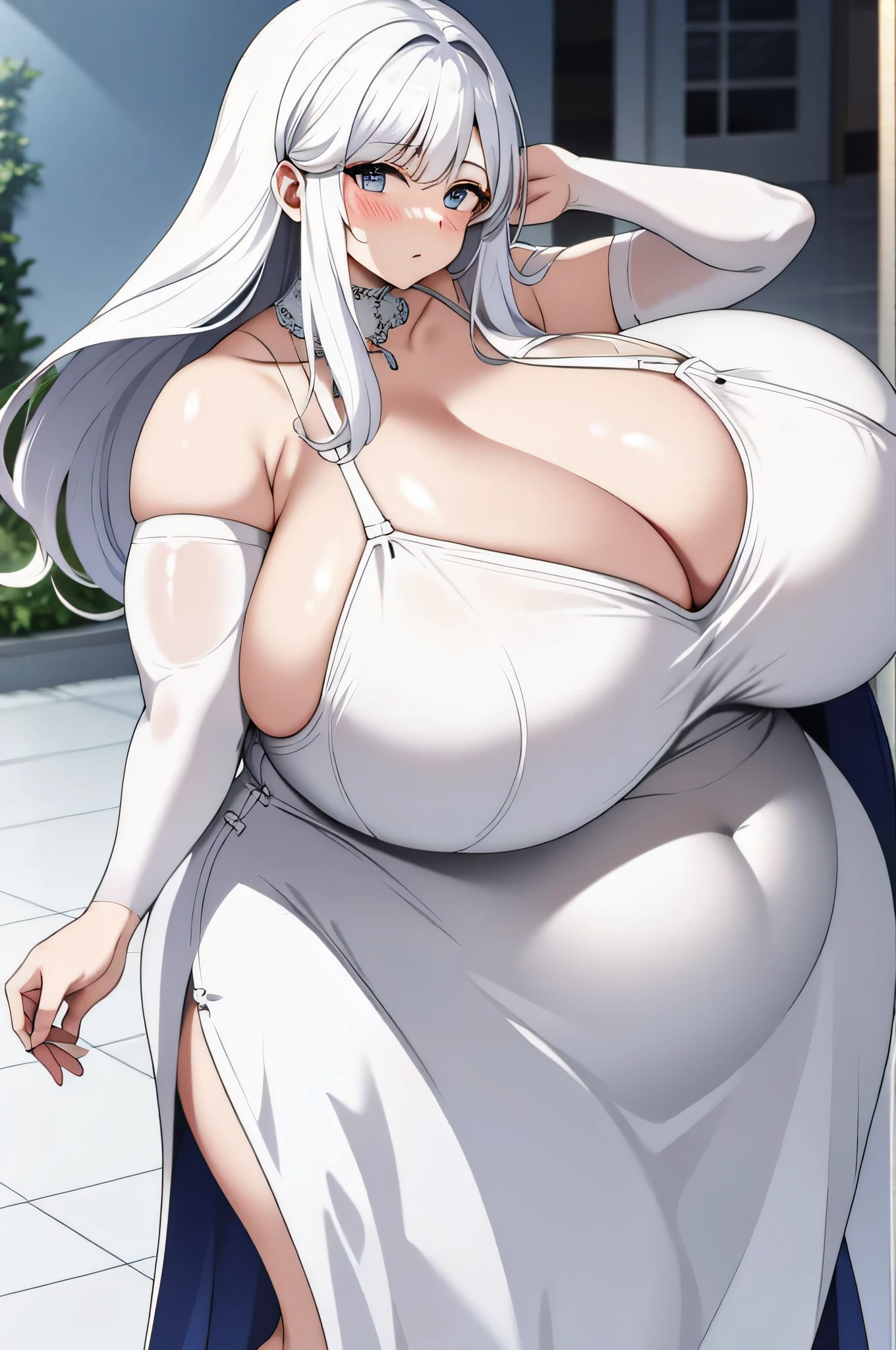 Beautiful white hair woman details define body with hair，gigantic cleavage breasts, bbw