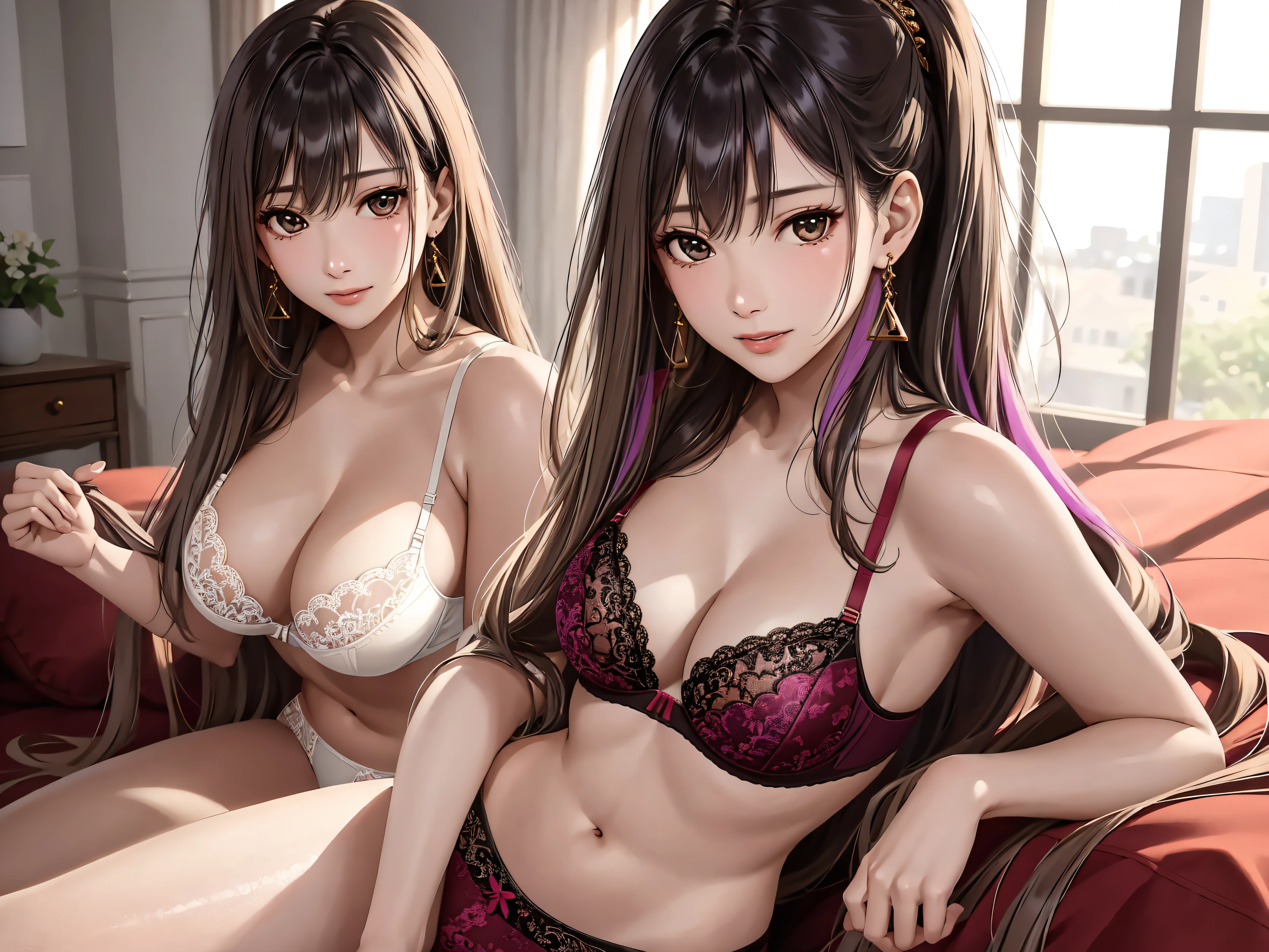 top-quality、masterpiece、UHD image quality、Ultimate Beauty(Beautie、real looking skin、Beautiful face、Beautiful body、Young beautiful woman、18year old)、colourful hair、Farbe々Hairstyle、Lace colorful bra wearing、Wearing lace colorful underwear、Futon in room、detailed skin textures、Beautiful body、detailed skin textures、Beautiful body、