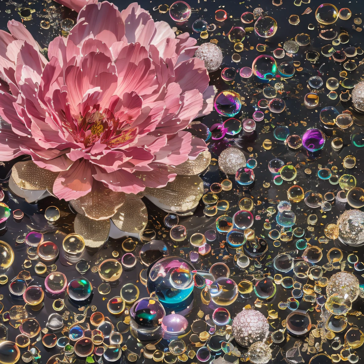 32K（tmasterpiece，k hd，hyper HD，32K）Black fish scales，Flowing bubbles，ponds，zydink， a color， Asian people （water sphere）， （Colorful bubbles）， Combat posture， looking at the ground， Large rolls of rouge bubbles， Flowing black fish scales，Silk platinum crystal headdress， Chinese long-sleeved black gold garment， Water Goddess（Abstract water splash：1.2）， Pink peony flower background，Buble（realisticlying：1.4），Black fish scales，The day is in full swing，The background is pure， A high resolution， the detail， RAW photogr， Sharp Re， Nikon D850 Film Stock Photo by Jefferies Lee 4 Kodak Portra 400 Camera F1.6 shots, Rich colors, ultra-realistic vivid textures, Dramatic lighting, Unreal Engine Art Station Trend, cinestir 800，Large roll bubbles，Flowing bubbles，Colored bubbles that refract light