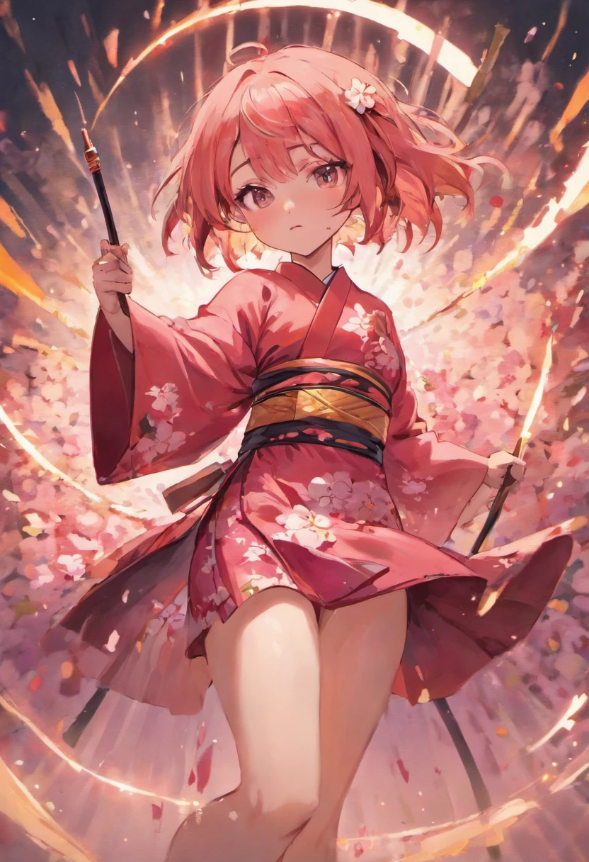 Girl with wolfcut hair and use kimono sakura. Color hair is pink white and she use katana sword. Eye color is red and skin color is skinny. use black sandal, tall 160cm. Wear black stocking