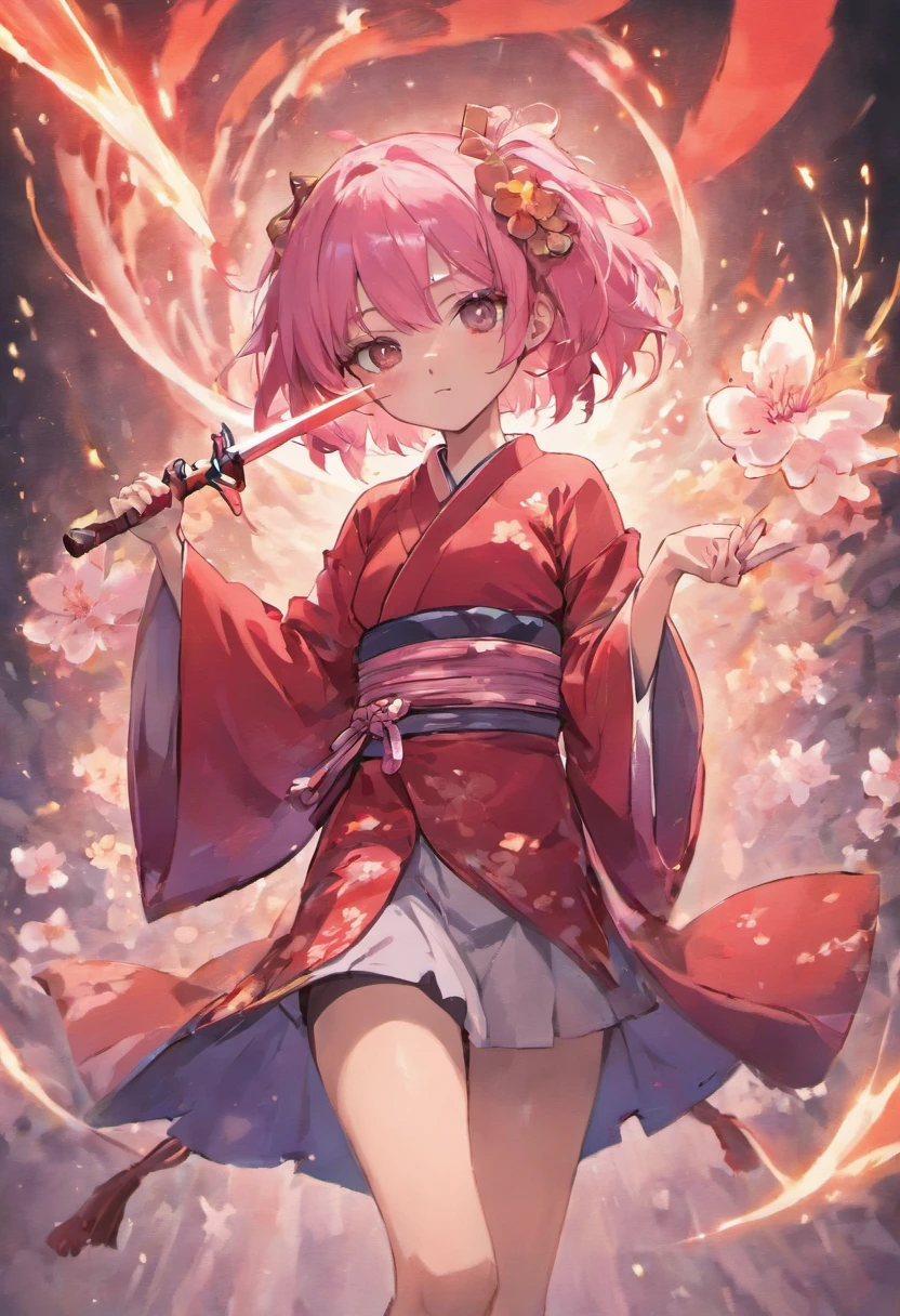 Girl with wolfcut hair and use kimono sakura. Color hair is pink white and she use katana sword. Eye color is red and skin color is skinny. use black sandal, tall 160cm. Wear black stocking