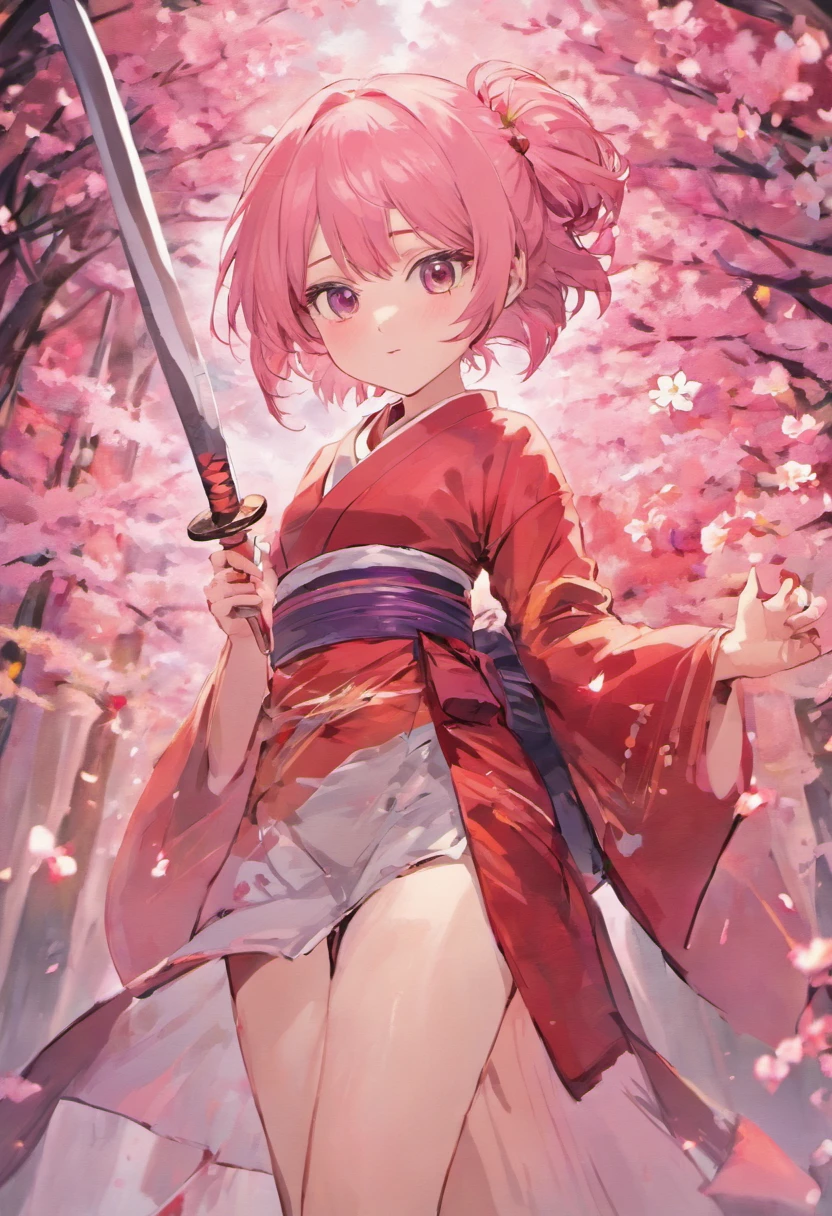 Girl with wolfcut hair and use kimono sakura. Color hair is pink white and she use katana sword. Eye color is red and skin color is skinny. use black sandal, tall 160cm. Wear black stocking