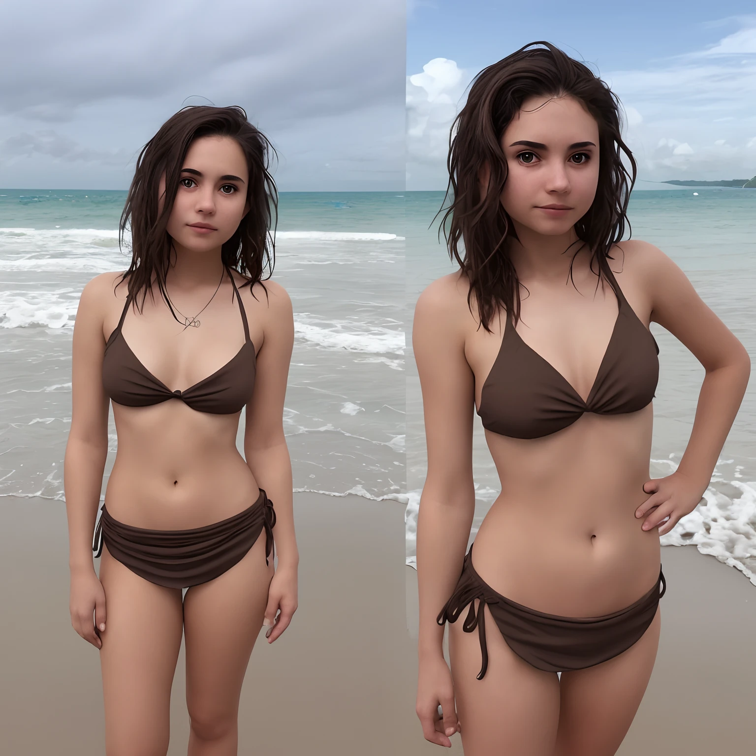 Young female, short brown wavy hair, bikini top, short skirt, standing on a beach