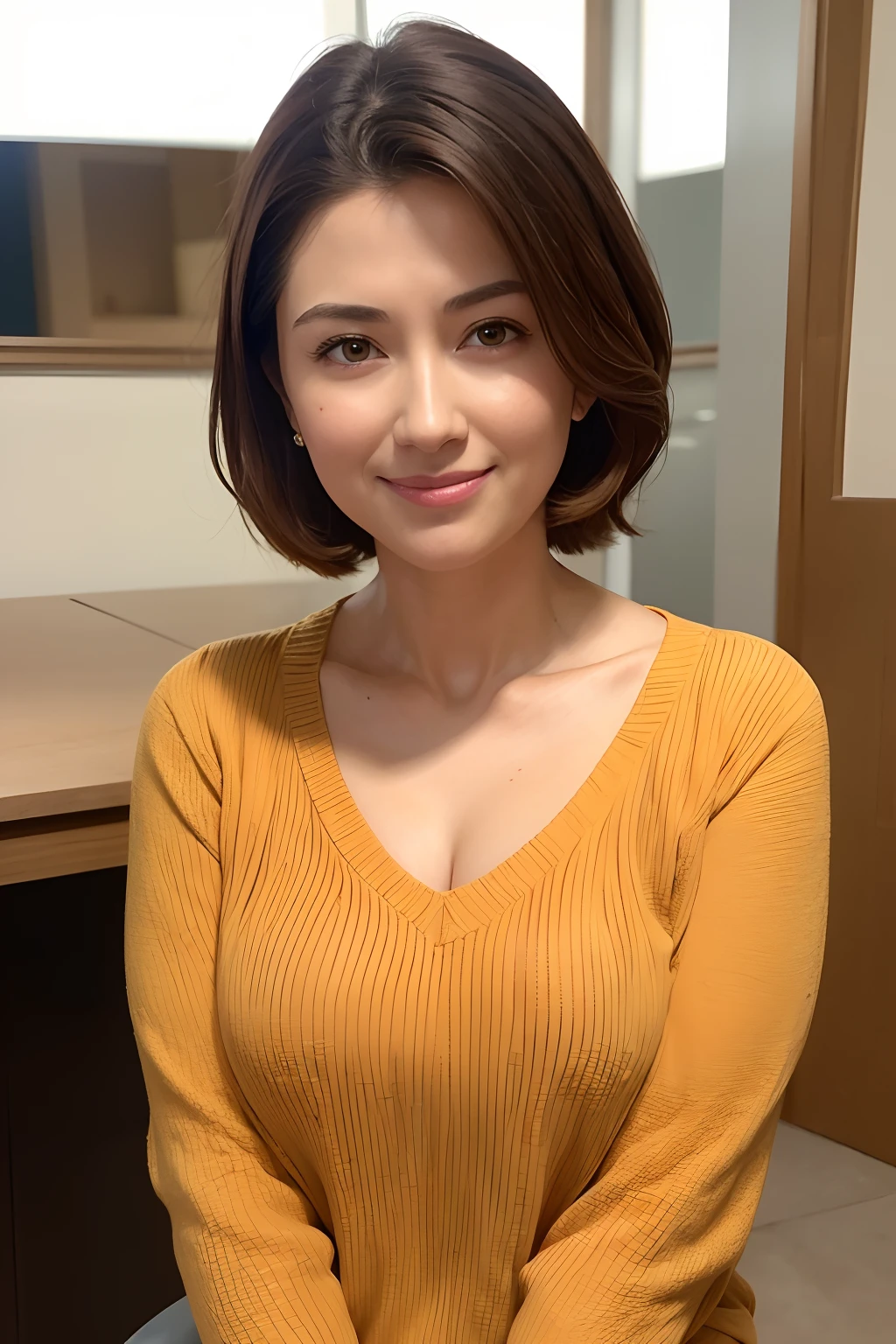 (in 8K, top-quality, masterpiece:1.2), (realisitic, Photorealsitic:1.37), ultra-detailliert, Natural sunlight, Undersized breasts, I can see the cleavage, 1 persons, 35-year-old woman, Dark hair, Pendants, Yellow-orange light knit V-neck shirt, extremely detailed face and skin, A detailed eye, extremely detailed face and skin