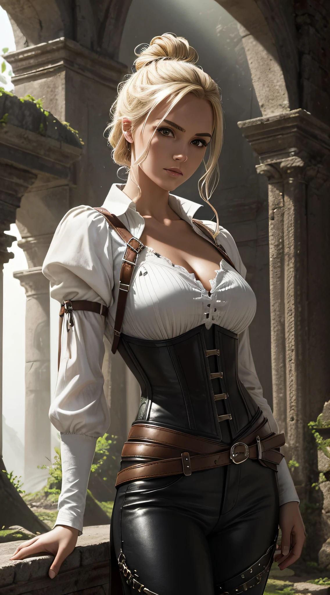 zrpgstyle, portrait beautiful girl solo alone medieval RPG character painting blonde hair upsweep updo swashbuckler rogue black corset, white shirt, black leather pants (leather pants:1.1) (straps buckles:1.2) armor indoors overgrown (ancient ruins:1.2) (bright morning light:1.2) from the side (atmospheric volumetric fog:1.1) (masterpiece:1.4) (illustration:1.2) (best quality:1.4) (8k) (HDR) (cinematic lighting) (sharp focus) (intricate),Very detailed, best quality, very sharp, Ultra high resolution