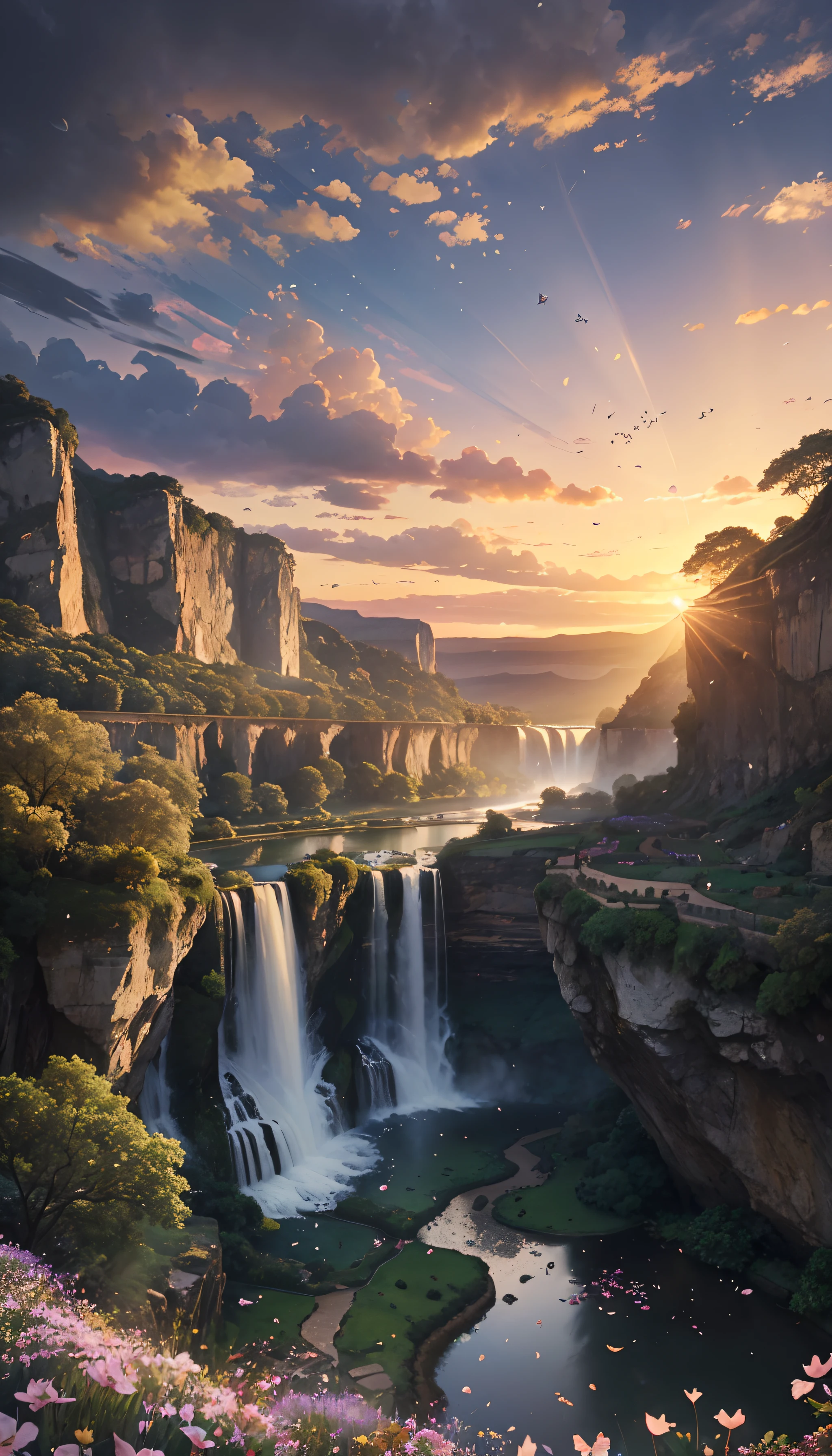 Huge valley，waterfallr，rios， [(White background:1.5)::5], Medium Shot Shot, butterflys,Petals floating in water,steins,Cloud,setting sun,Dusk
