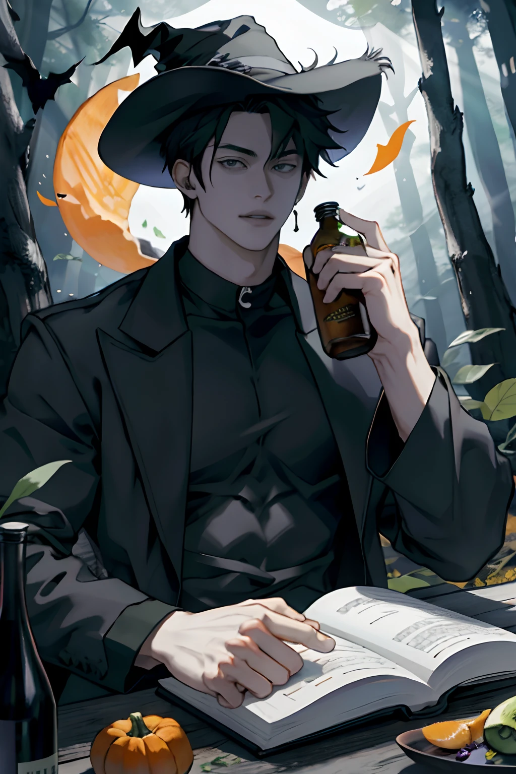 obra maestra, mejor calidad, 1 hombre, Yoo Joonghyuk, 25-years old, alto y musculoso, guapo, ojos finamente detallados, detalles intrincados, mago, disfraz de mago, halloween, sombrero negro con ala puntiaguda, palo de escoba con mango tallado, libro de hechizos con una variedad de hechizos, botellas de pociones con varios ingredientes, Enchanted forest with a hidden wizard's hut